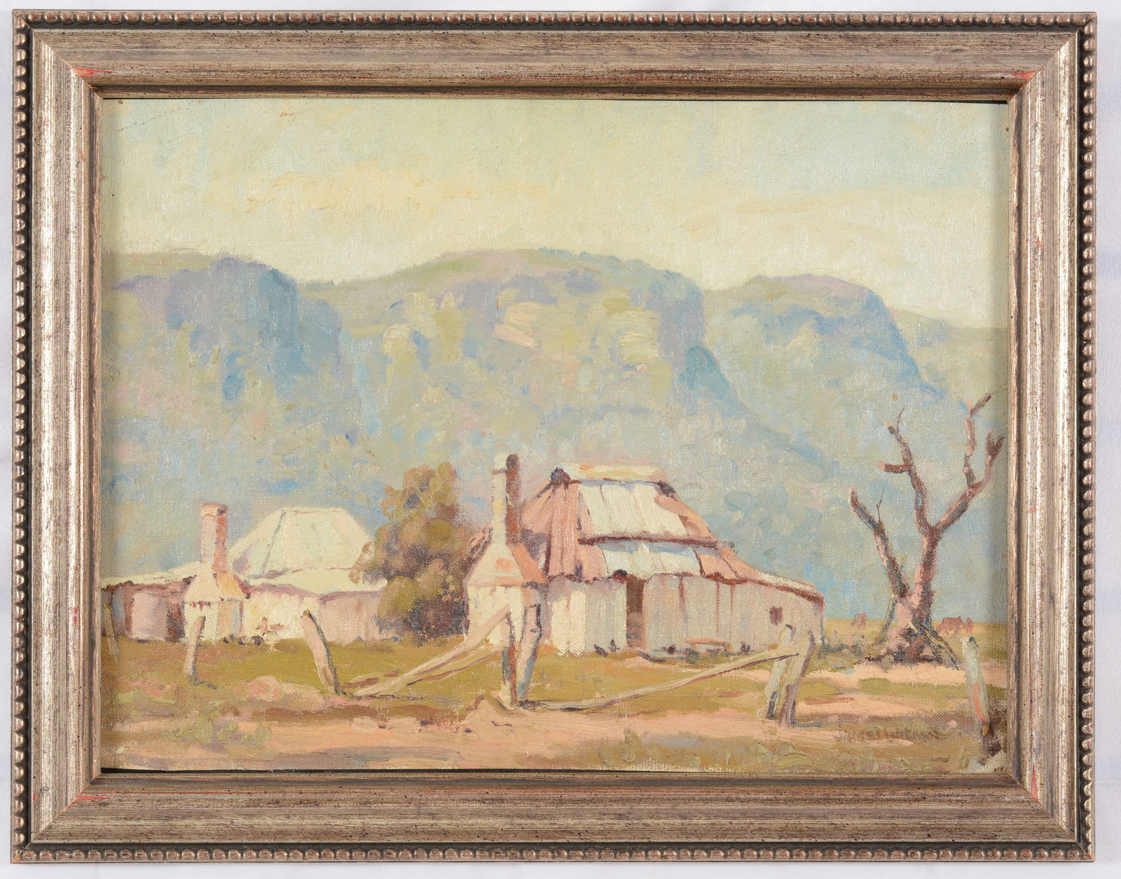 James Wilmot. Australian aboriginal farm landscape. Oil on board. Signed lower right. Artist's red: James Wilmot. Australian aboriginal farm landscape. Oil on board. Signed lower right. Artist's red wax seal marked Wilmot on reverse. Framed. Sight: 12 x 16in. Overall: 15 x 19in.