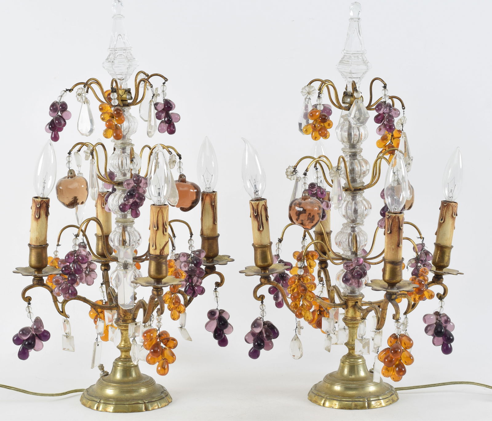 Pair of bronze and crystal decorated four arm candelabra, mid 19th Century. Drop crystals and (1 of 14)