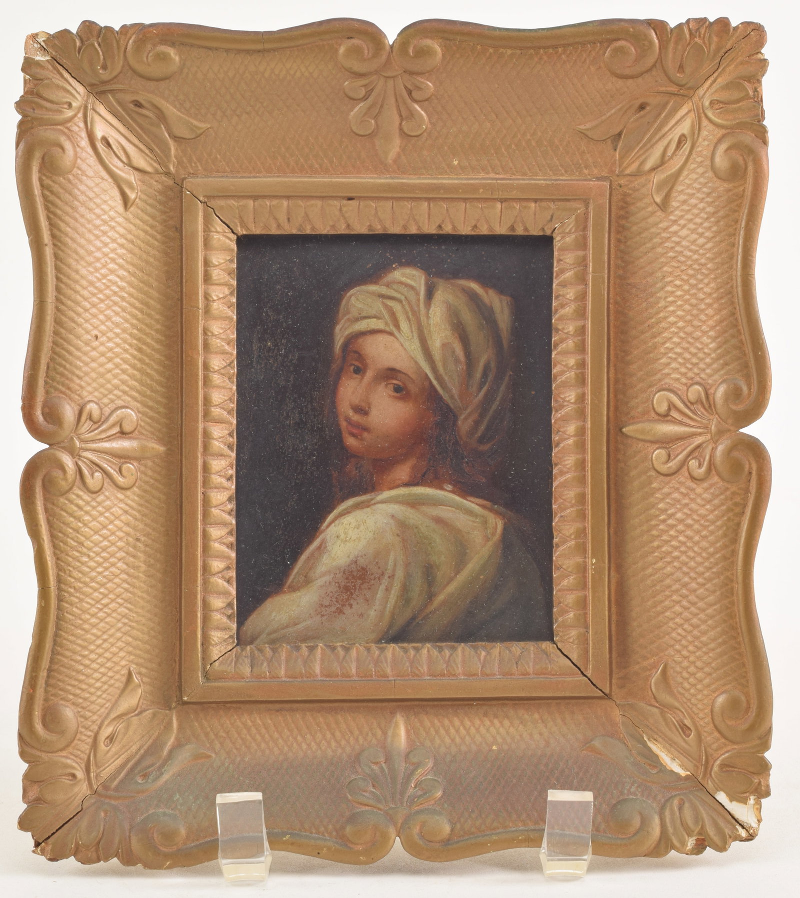 19th century Italian Grand Tour miniature painting after Guido Reni "Portrait of Beatrice Cenci".: 19th century Italian Grand Tour miniature painting after Guido Reni "Portrait of Beatrice Cenci". Oil on board. Framed under glass.