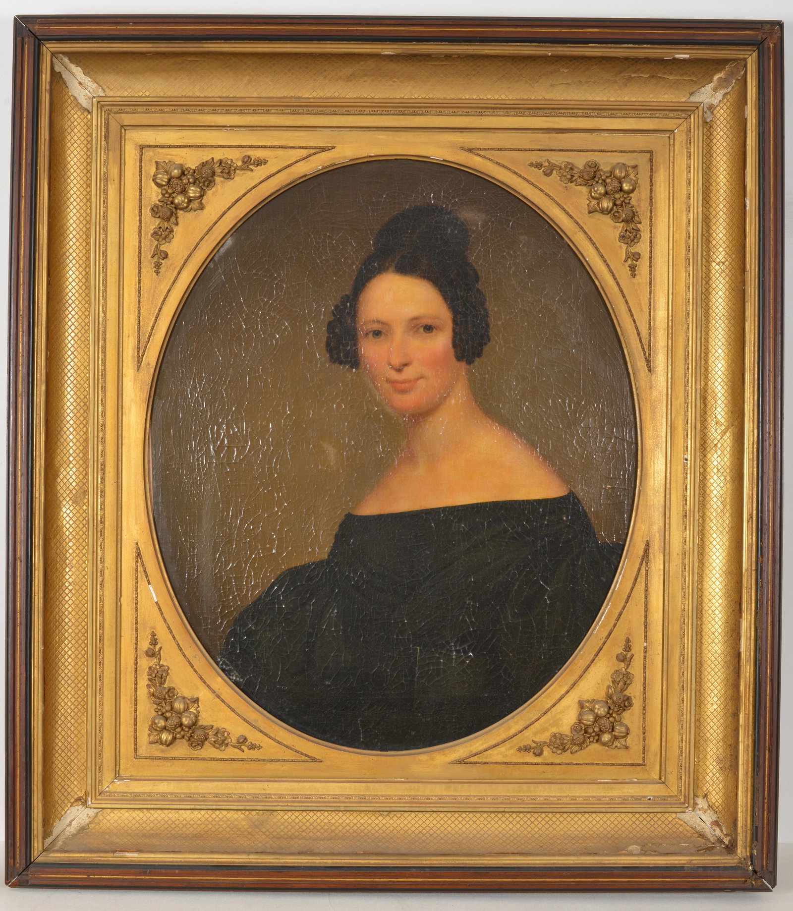 American school portrait, 19th Century. Philadelphia, Ann Wills. Oil on panel, oval format frame.: American school portrait, 19th Century. Philadelphia, Ann Wills. Oil on panel, oval format frame. Flaking, as is. Image size 29 x 24 in, 42 x 37 in.
