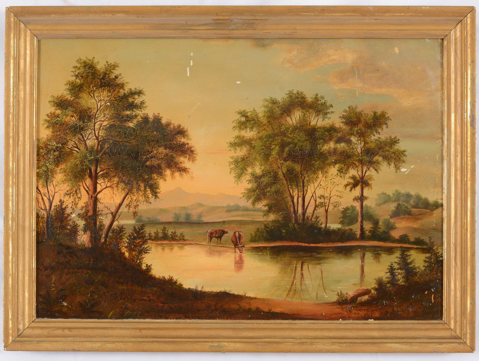 Mid 19th century American school river landscape with cows. Signed lower right S. P. Calnan. Oil on (1 of 8)