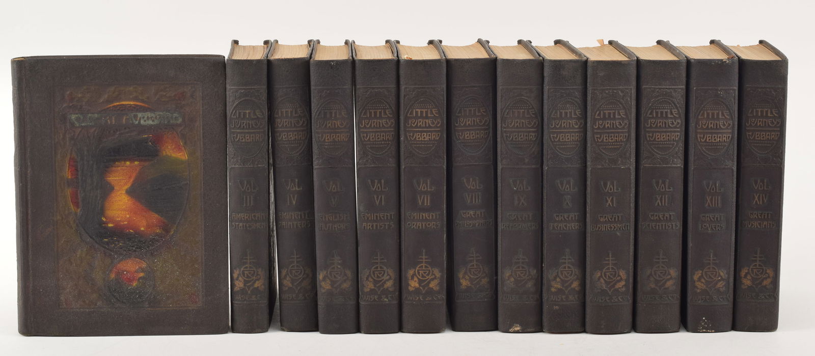Elbert Hubbard "Little Journeys" Roycroft edition. 13 volumes, absent volume 1. Each volume 8.5 x: Elbert Hubbard "Little Journeys" Roycroft edition. 13 volumes, absent volume 1. Each volume 8.5 x 6.5in.