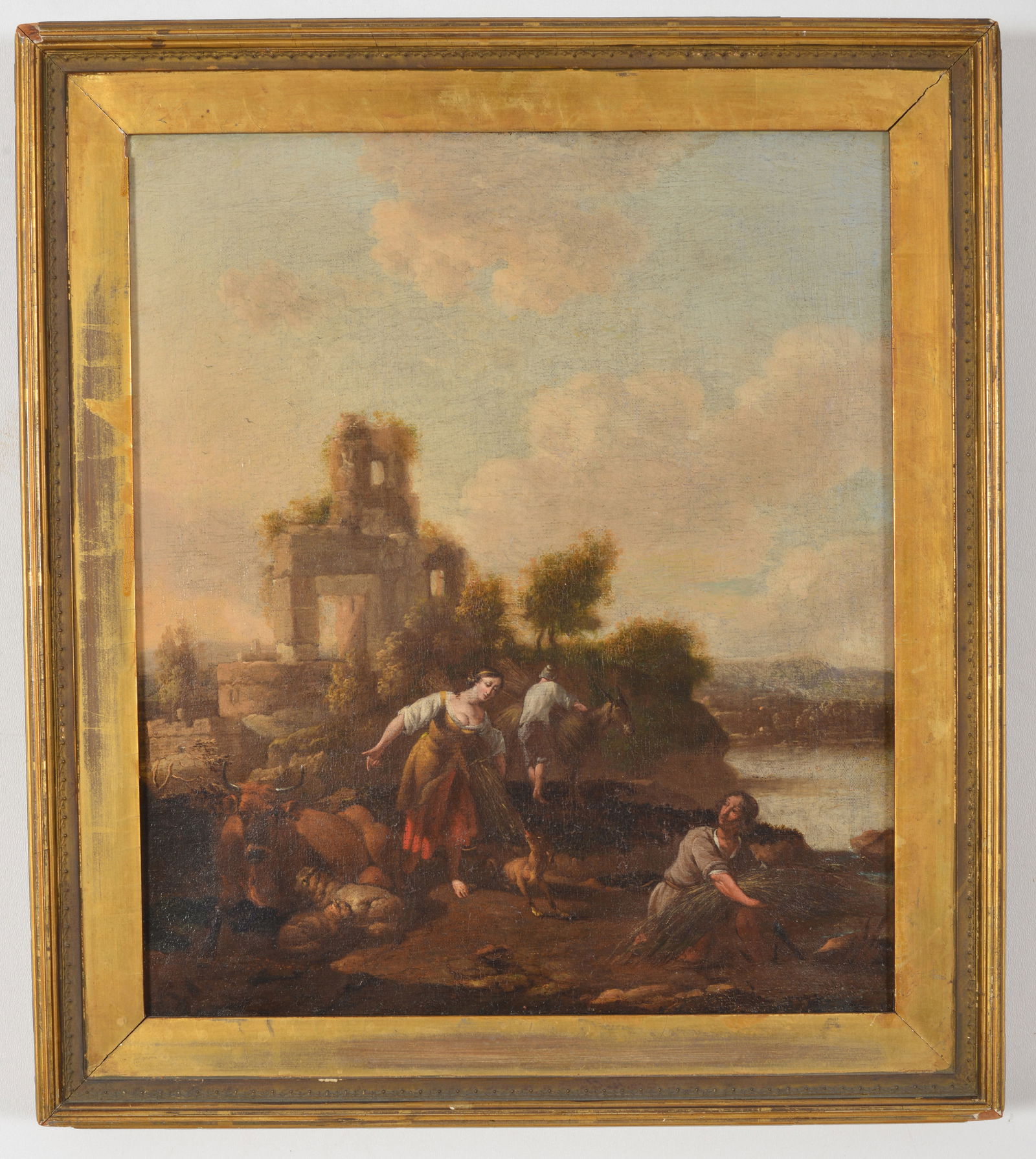 18th century old master Italianate landscape. Figures by ruins. Oil on canvas. Framed. Sight: 15.5 x (1 of 5)
