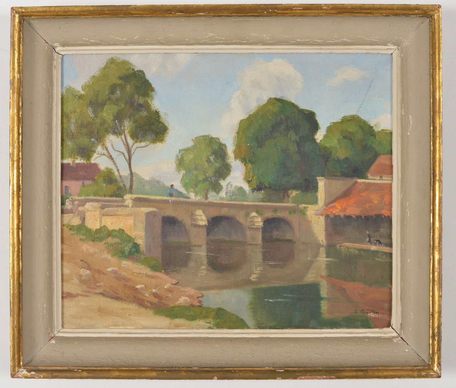 L Courtin. French school landscape of a bridge and figures. Oil on canvas. Signed lower right. Label (1 of 8)