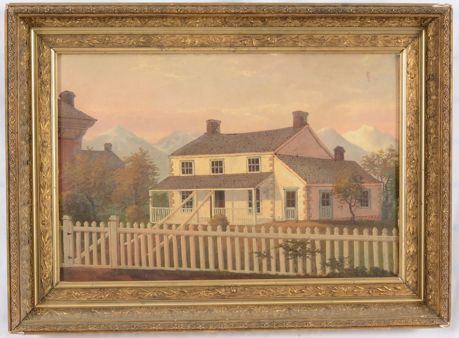 19th century American school portrait of a house in a mountainous landscape. Possibly Western. Oil (1 of 7)
