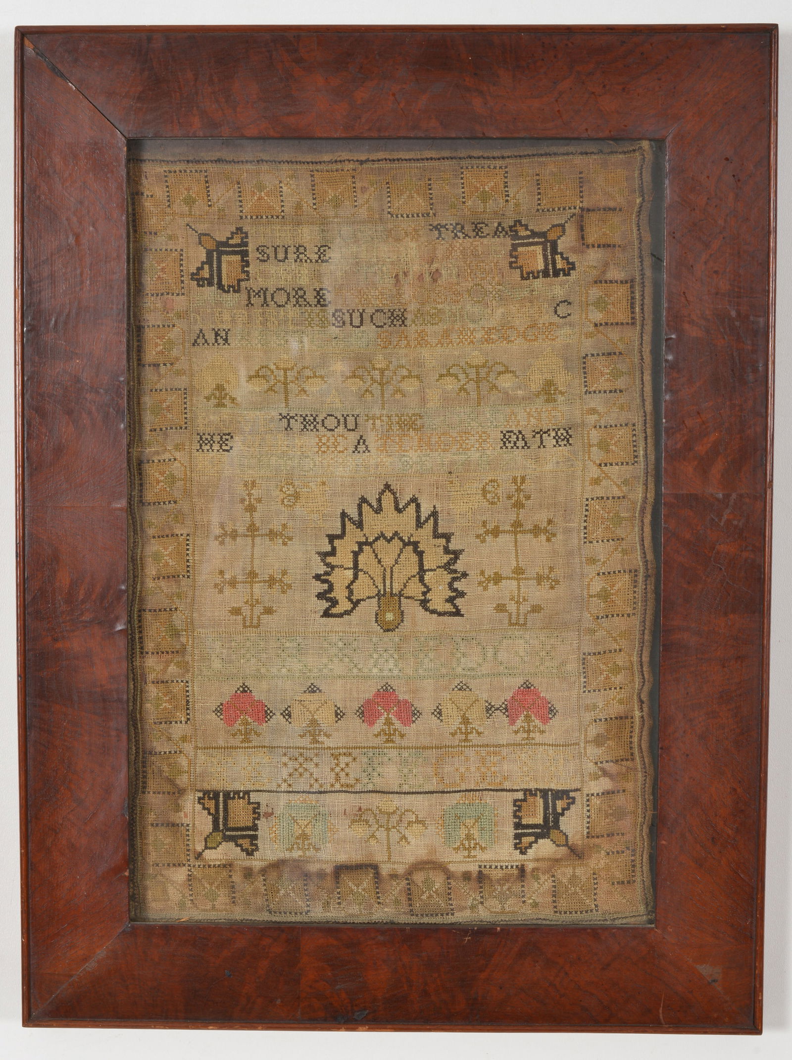 Needlework sampler dated 1787 from Chester County, Pennsylvania. Wrought by Sarah Edge. Floral (1 of 6)