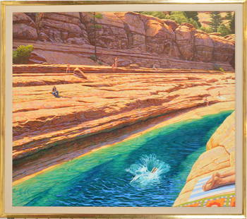 Chuck Forsman, American contemporary. "The Feat of the Canyon." Oil on board. Framed. 46.5 x 54in.: Chuck Forsman, American contemporary. "The Feat of the Canyon." Oil on board. Framed. 46.5 x 54in.