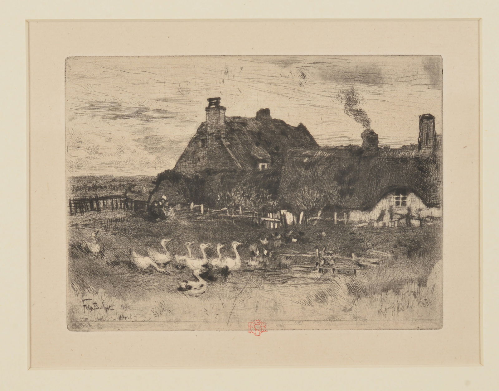Felix Buhot, French 19th Century. Les Petites Chaumieres. Etching. Signed with red chop stamp. (1 of 5)