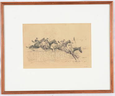 Paul brown. Etching of horses with jockeys jumping a stonewall in a steeple chase. Signed in ink: Paul brown. Etching of horses with jockeys jumping a stonewall in a steeple chase. Signed in ink lower right. Framed under glass. Toning. Sight: 7.5 x 11.25in. Overall: 15.5 x 18.5in.