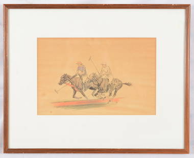 Paul Brown. "Drumming Fast". Original color drawing of two polo players. Toning and foxing. Sight:: Paul Brown. "Drumming Fast". Original color drawing of two polo players. Toning and foxing. Sight: 8.5 x 13in. Overall: 16.5 x 20.25in.