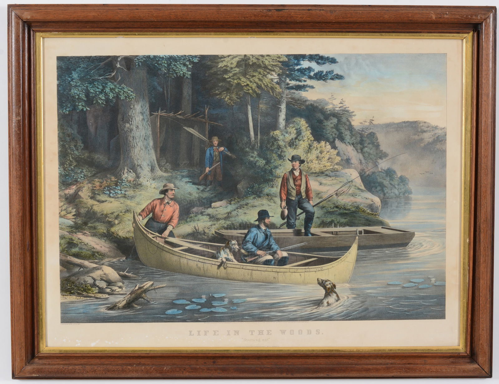 Currier and Ives color lithograph print, "Life In The Woods - Starting Out". (1 of 9)