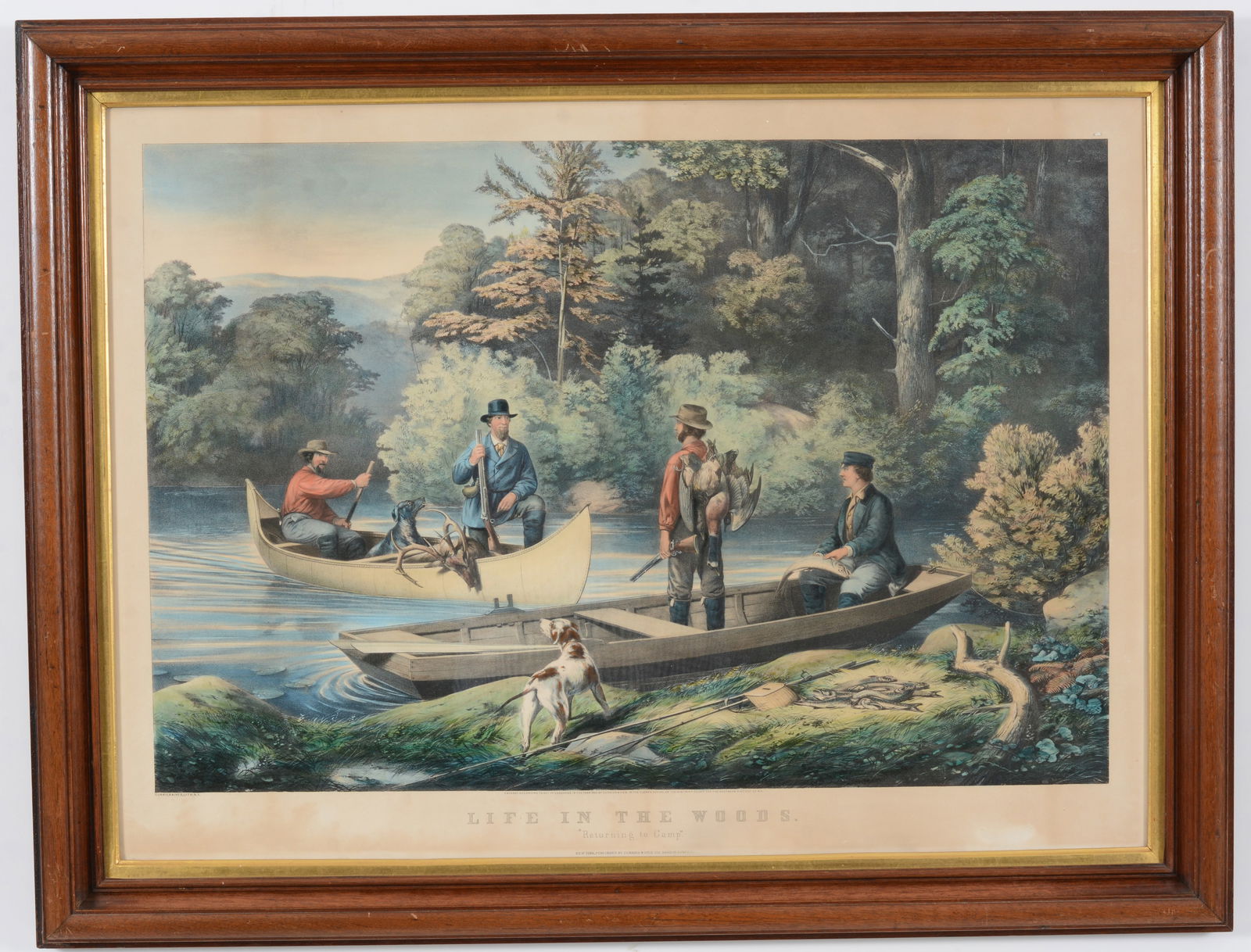 Currier and Ives color lithograph print, "Life In The Woods - Returning To Camp". (1 of 9)