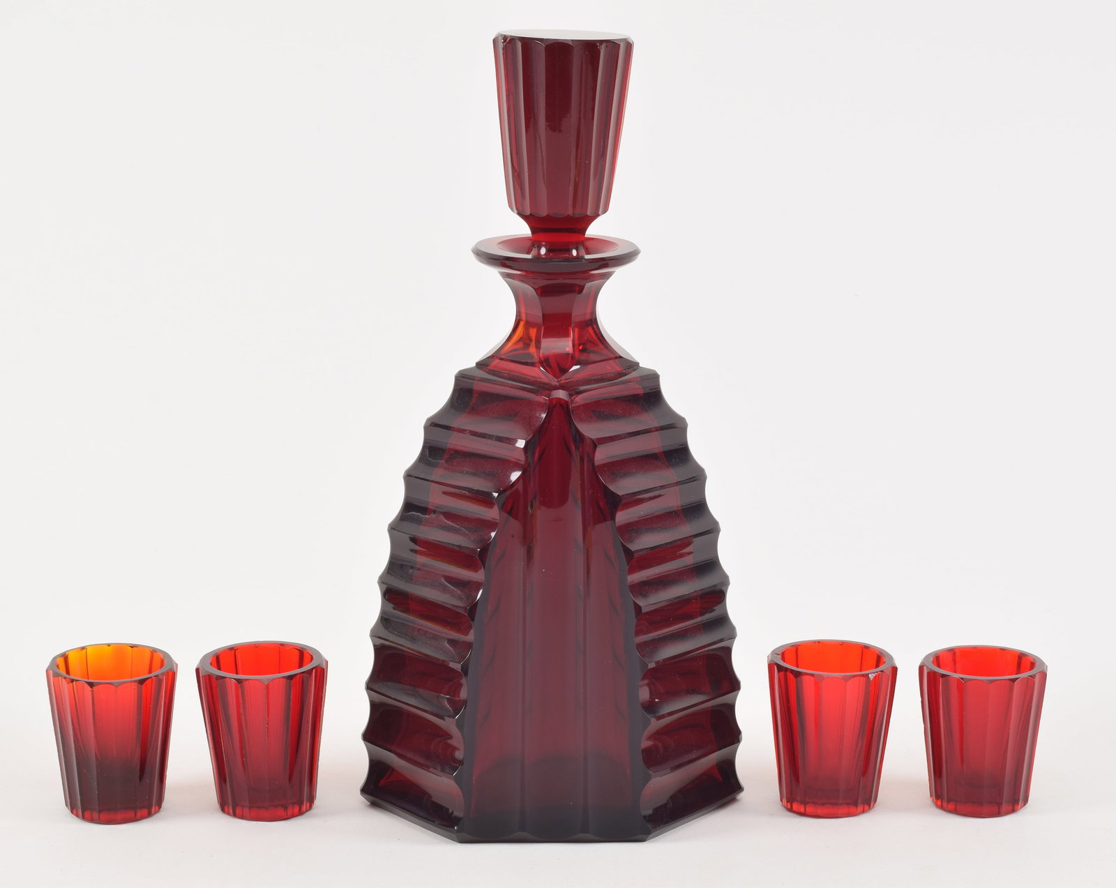Moser Secessionist ruby cut glass decanter set. Deep geometric cut pattern. Decanter and 4 shot (1 of 8)