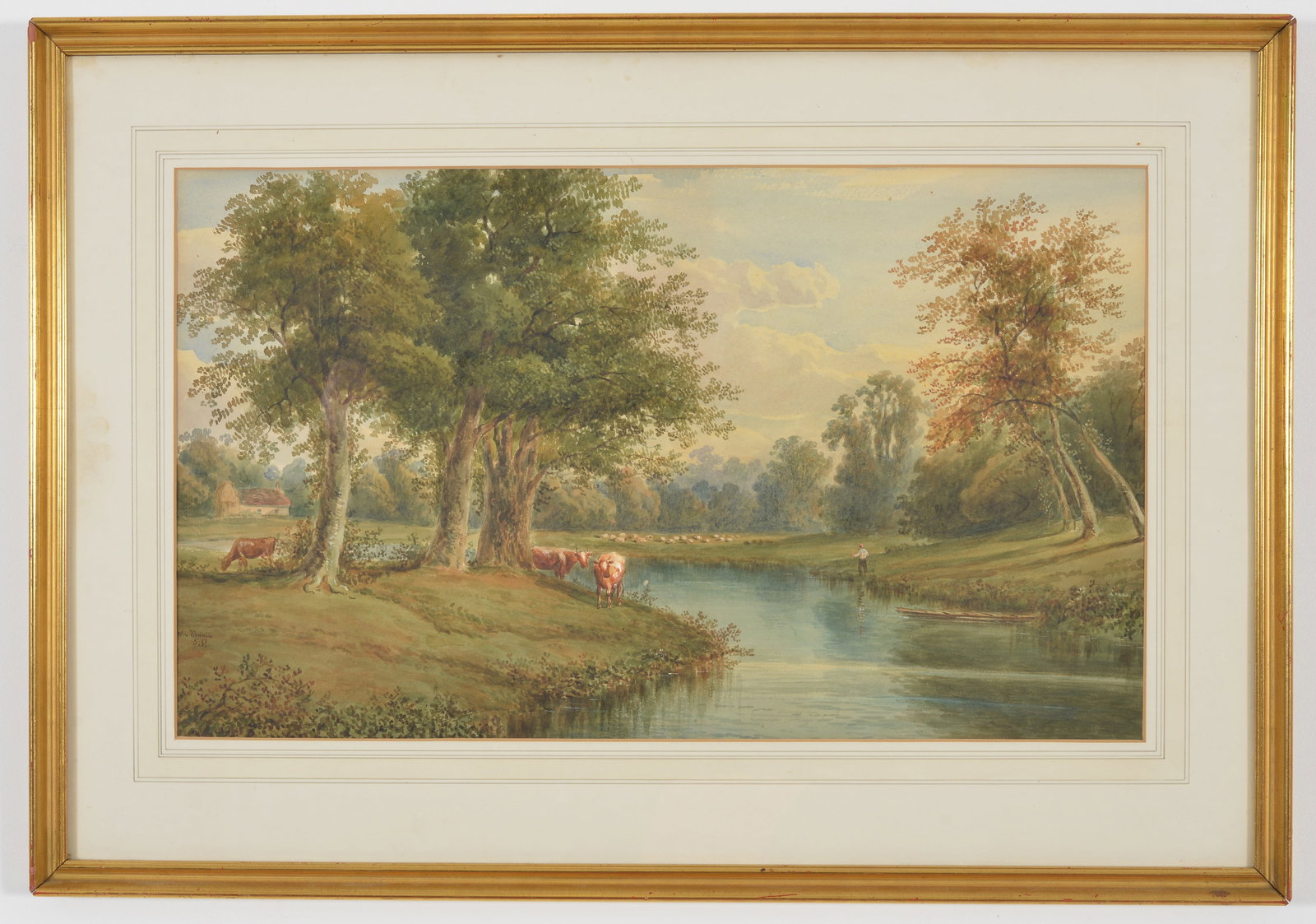 "The Thames". 19th century British watercolor landscape painting with a figure and cattle by the (1 of 8)