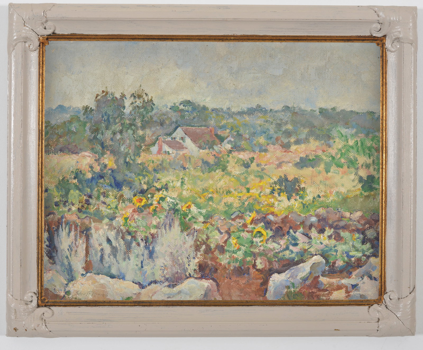 Schofield. 19th/20th century American impressionist landscape with flowers and a house. Signed lower (1 of 6)