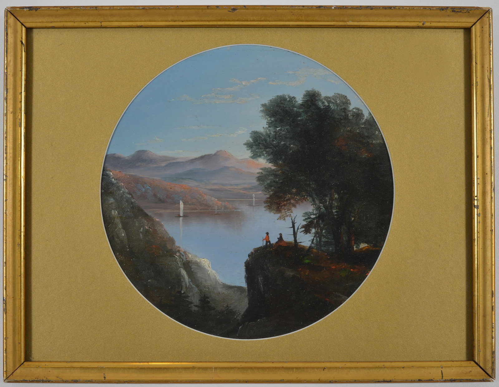 19th century American Hudson River round landscape painting with figures on a bluff overlooking the (1 of 5)