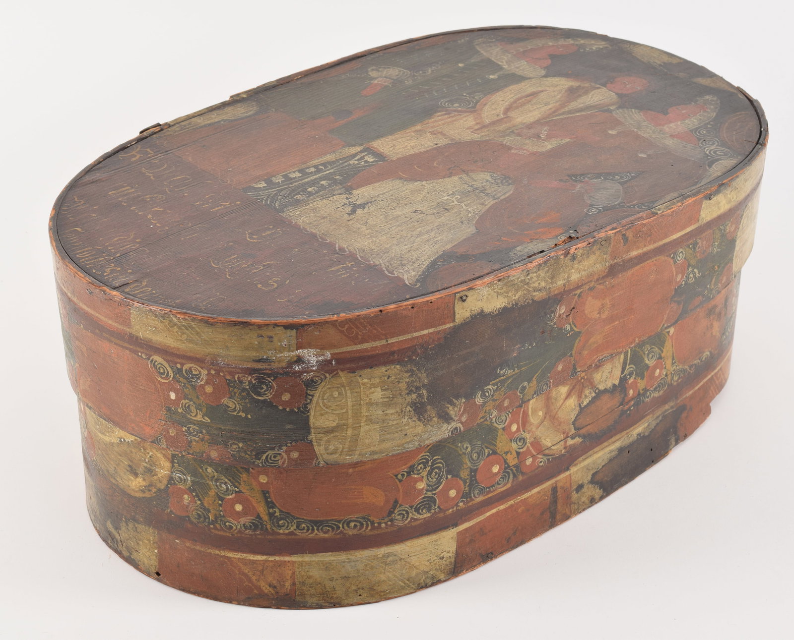 18th century large covered wedding box. Oval form with figures and inscription. Decorated sides. (1 of 5)
