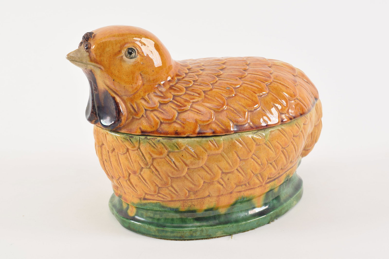 19th century Chinese sancai glaze porcelain hen form covered tureen. 10 x 7in. (1 of 8)