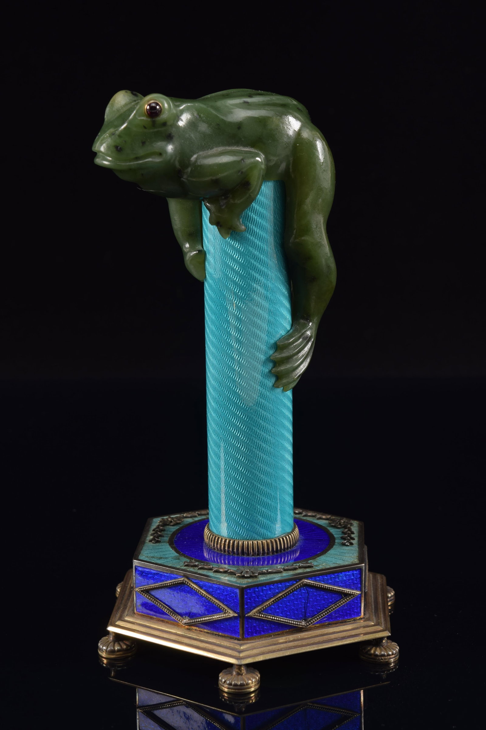 Russian jade mounted enamel desk weight/stand. Carved green jade frog with red cabochon stone eyes. (1 of 7)