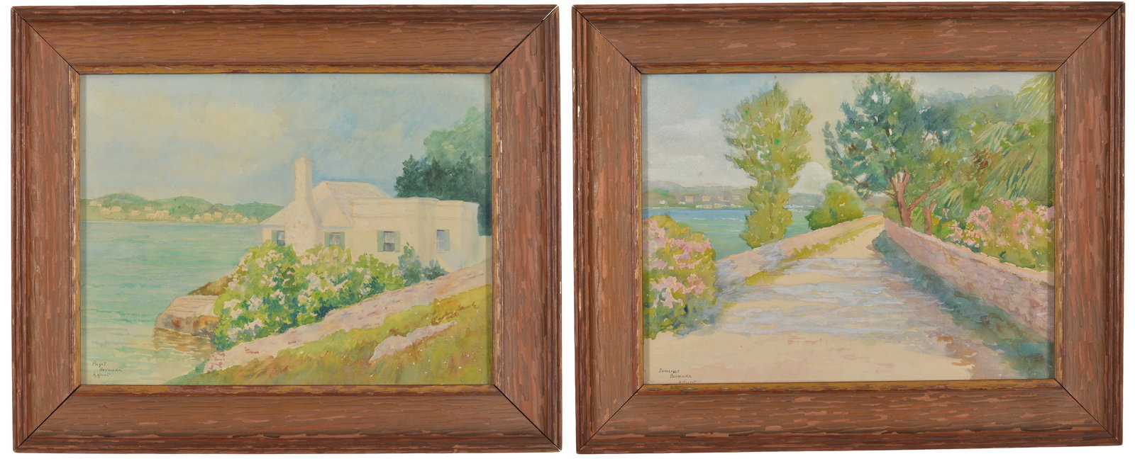 A. Hunt. 2 Bermuda watercolor paintings. 1) Paget house by the harbor. 2) Sommerset road by the (1 of 11)