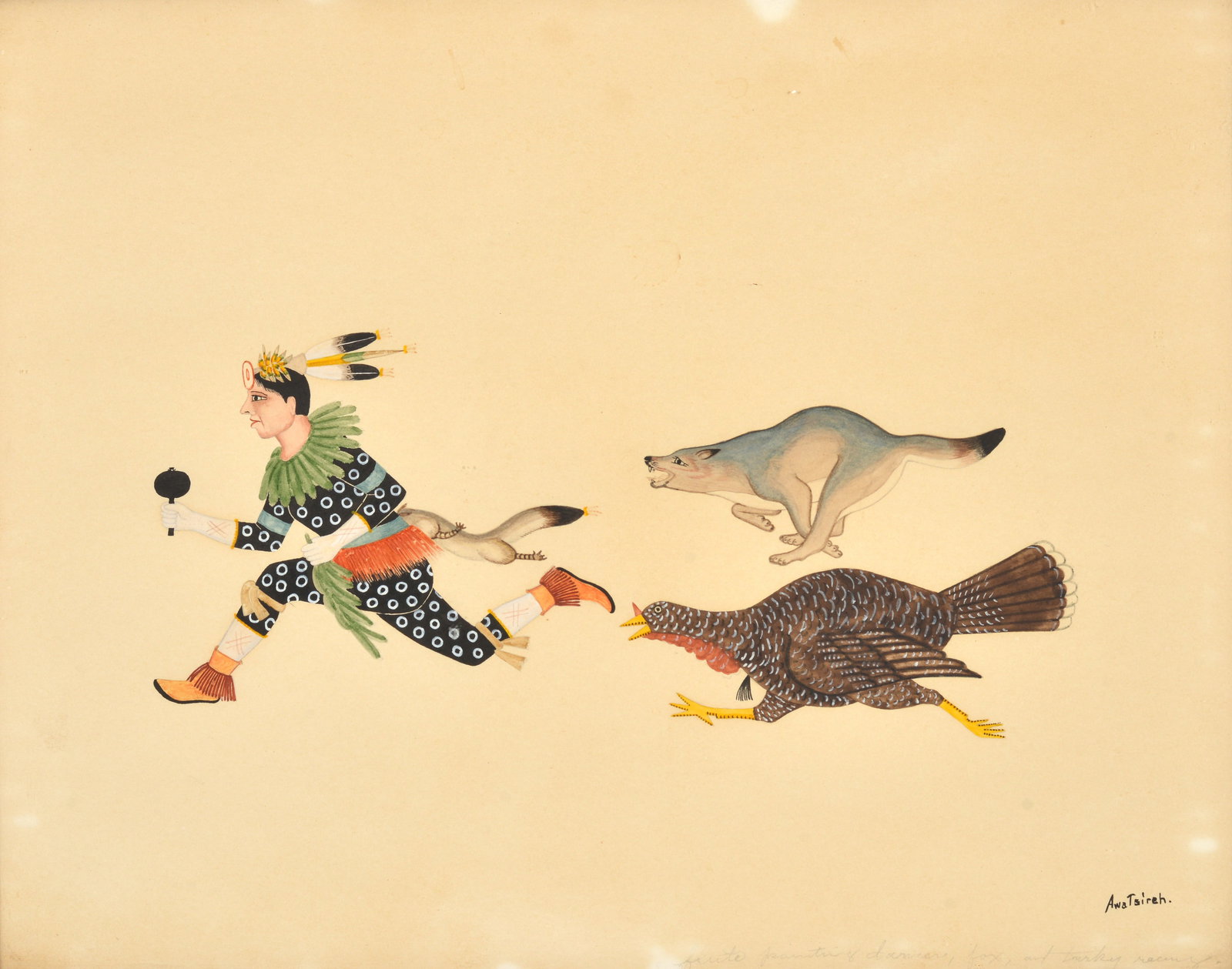 Awa Tsireh. Original gouache painting of a fox and turkey chasing a dancer. Titled in pencil "Flute (1 of 7)