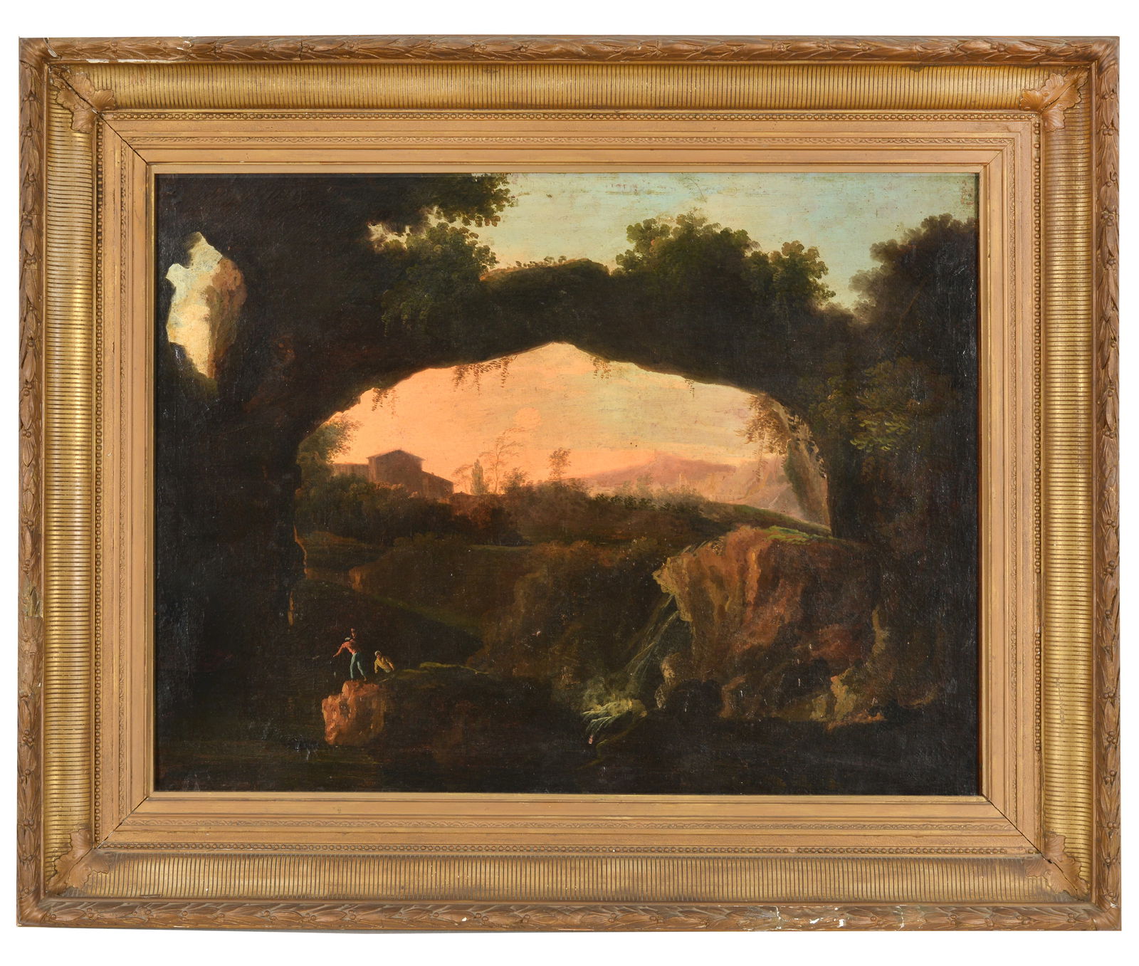 18th/19th century large old master Italian natural bridge grotto scene painting with figures. Oil on (1 of 14)