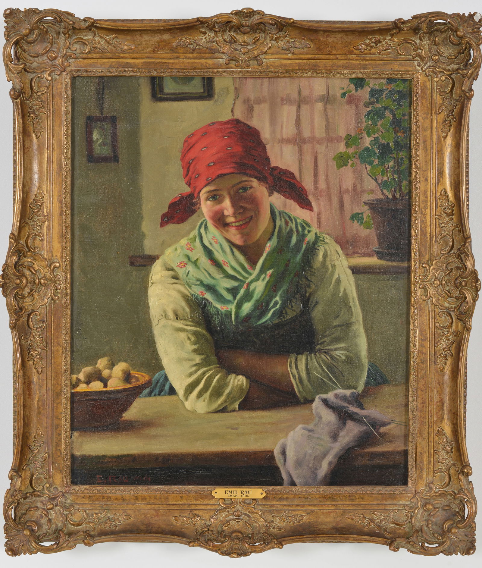 Emil Rau. Germany. Interior genre scene with a pretty young woman wearing a red bonnet leaning on a (1 of 7)