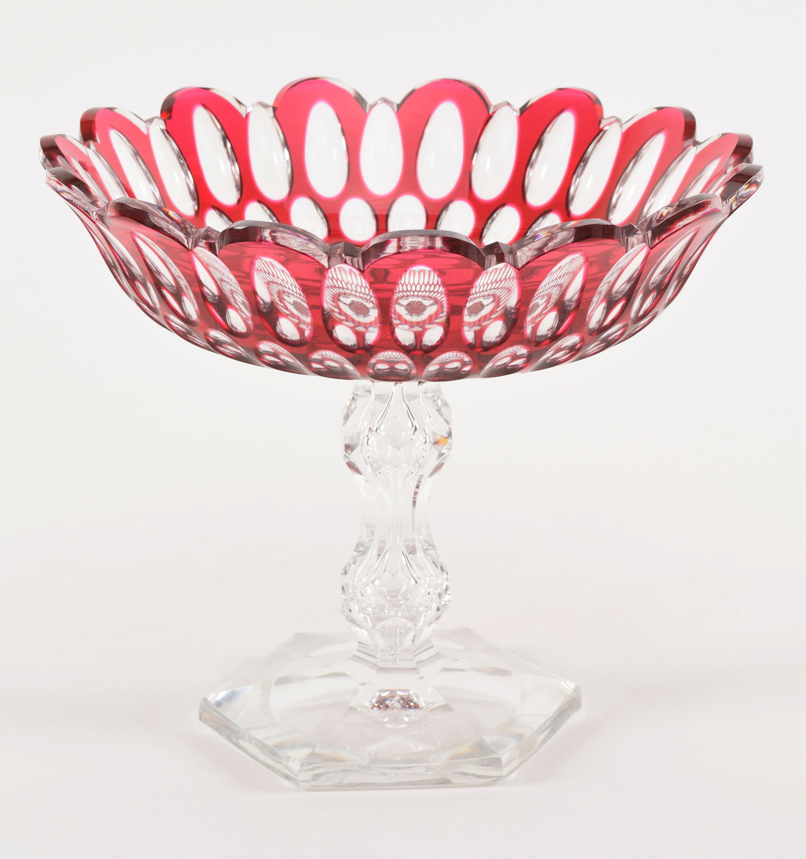 Fine red cut to clear cut glass compote with thumbprint pattern and tear drop carved stem. 7.75 H x (1 of 6)