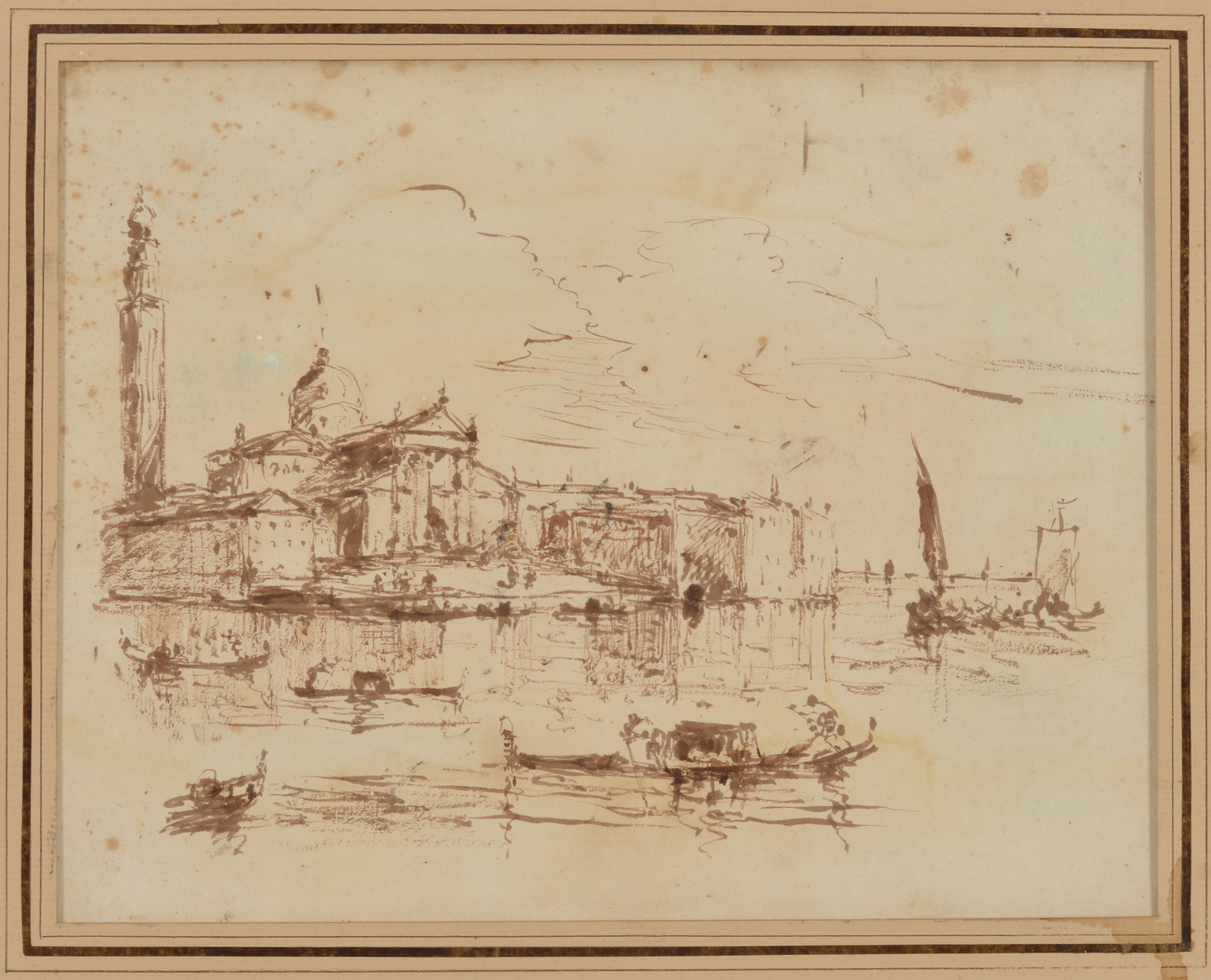 18th century Guardi style old master drawing of Venice. Framed. Sight: 7.5 x 9.75in. Overall: 13.75 (1 of 4)