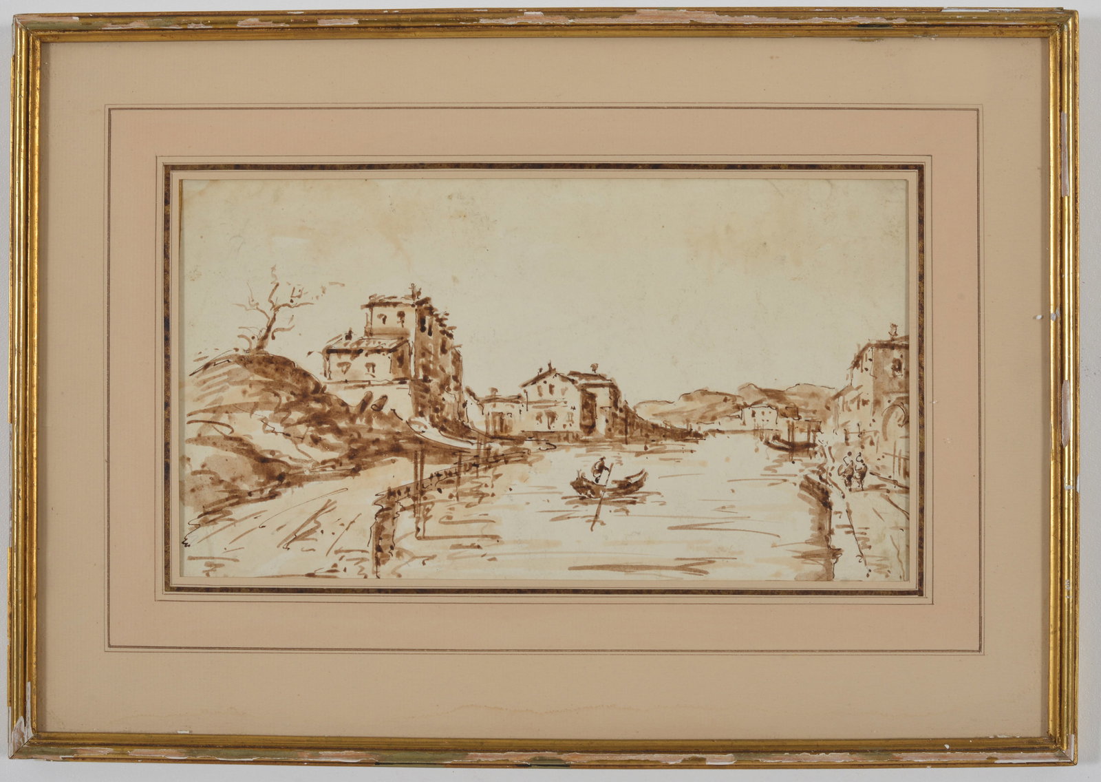 18th century Italian old master drawing of river or canal scene with figures. Framed. Sight: 6 x (1 of 5)