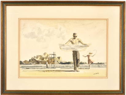 Hughie Lee Smith. African American. 1950s beach scene watercolor painting with figures and life: Hughie Lee Smith. African American. 1950s beach scene watercolor painting with figures and life guard tower. Signed lower right. Framed under glass. Sight: 12 x 18in. Overall: 19.5 x 26in.