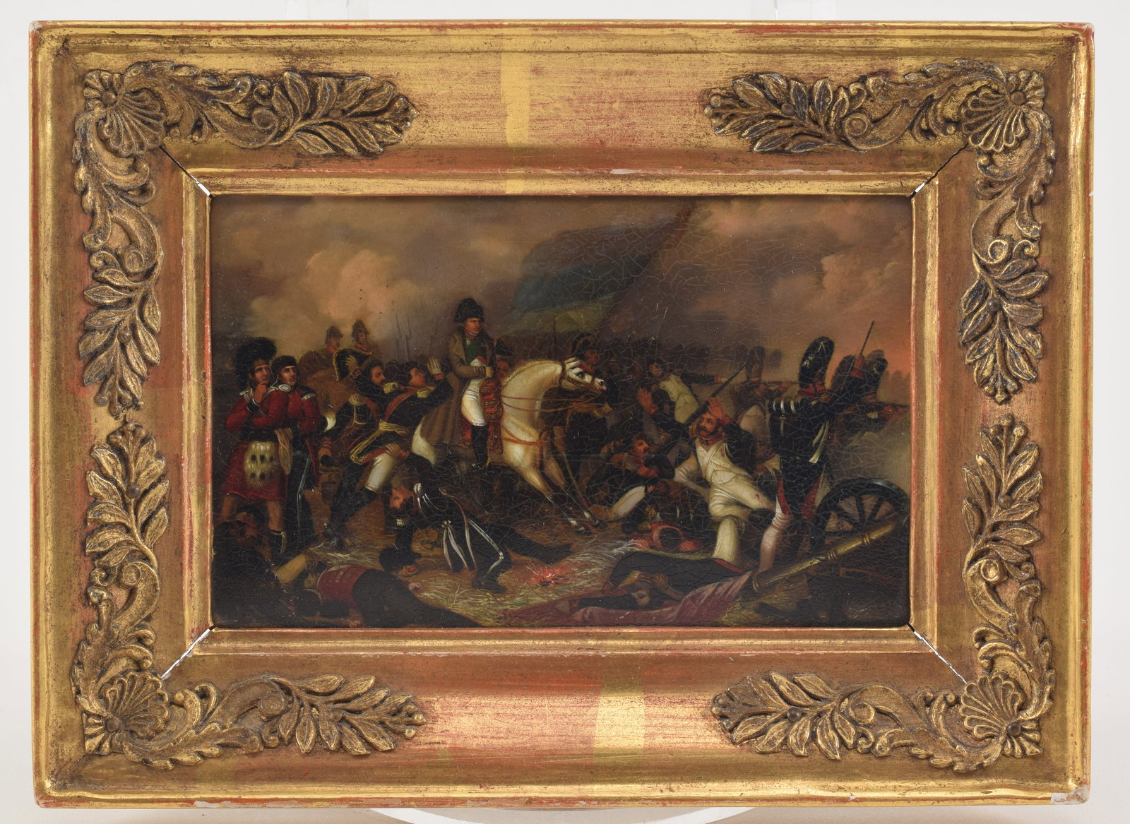 19th century Napoleonic War miniature battle scene. Hand painted on small miniature hard papier (1 of 3)