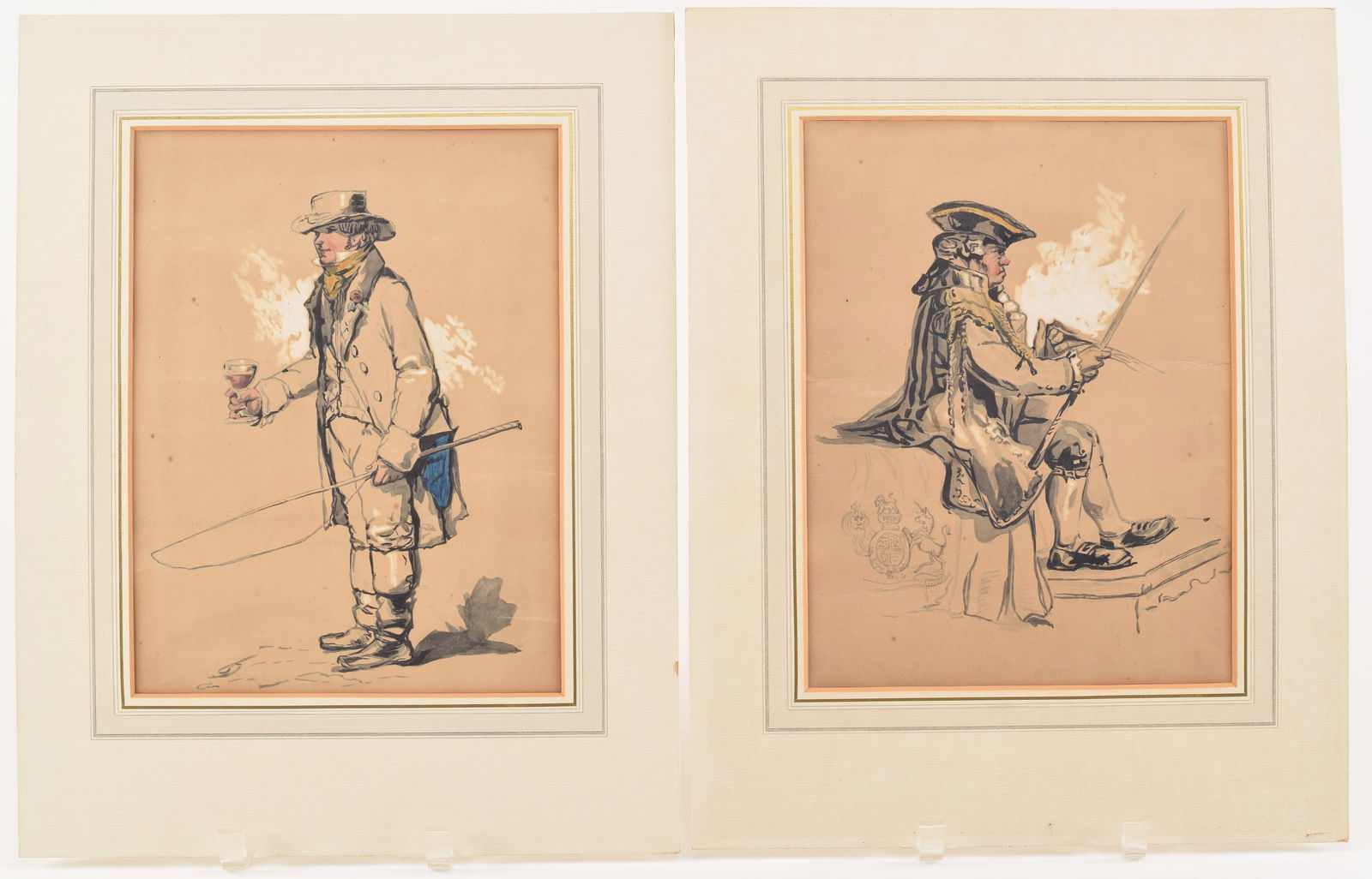 James Hardy Jr. British. 2 original mixed media drawings. Satirical figures - "A Good Toast to His: James Hardy Jr. British. 2 original mixed media drawings. Satirical figures - "A Good Toast to His Majesty by His Coachman". 1) A toasting coachman holding whip. 2) His Majesty seated on a royal cover