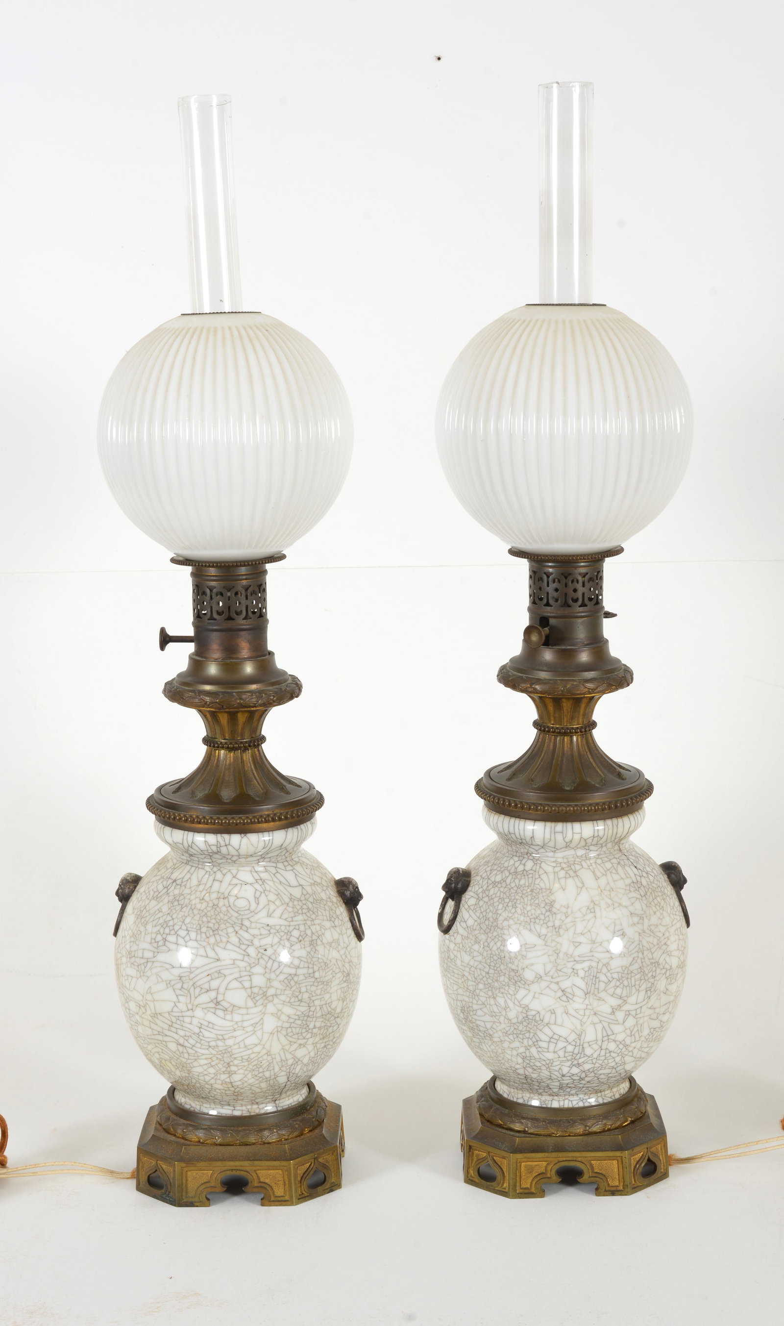 Pair of 19th century Chinese porcelain vases mounted as oil lamps. Crackled white glaze with mask (1 of 8)