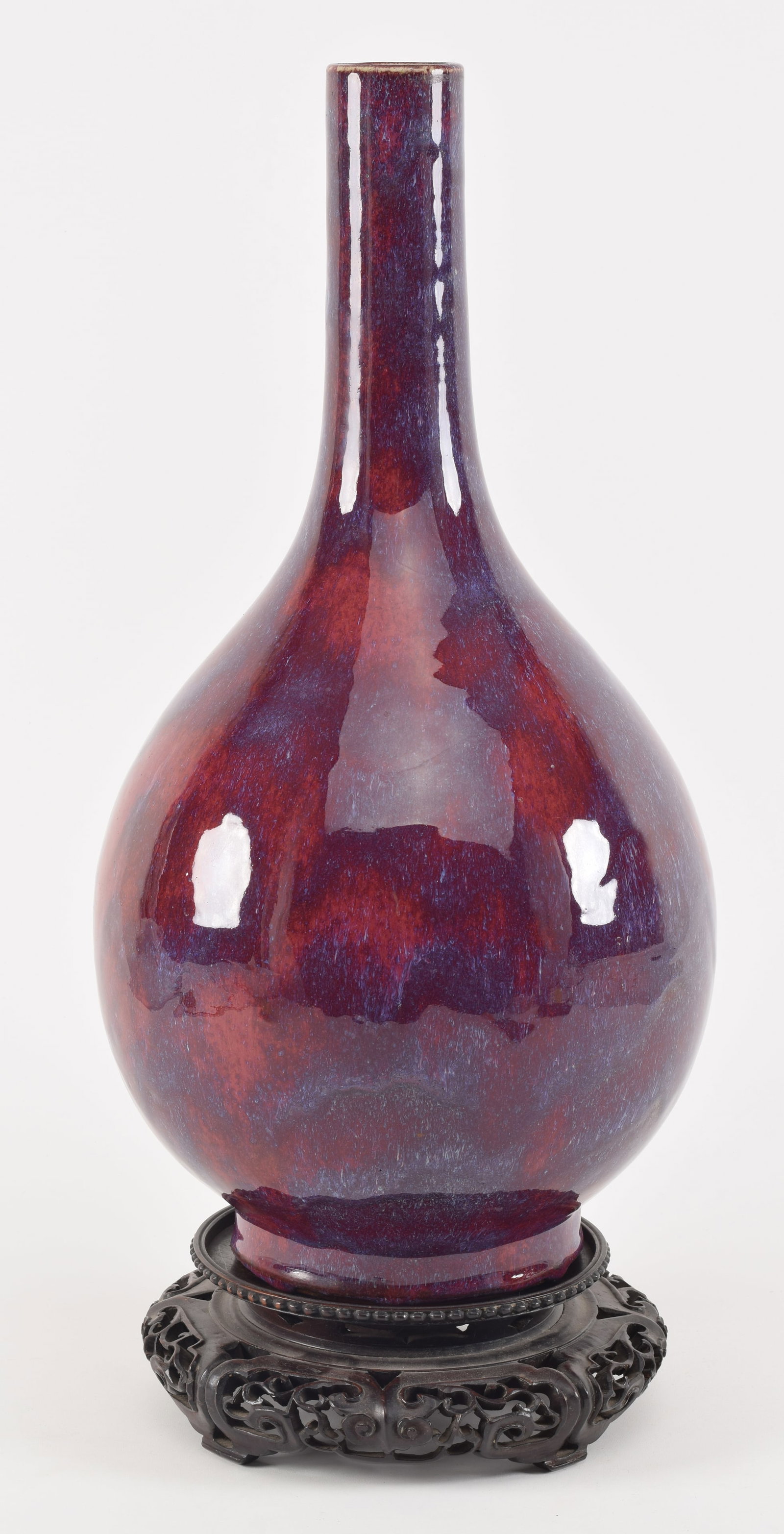 18th century Chinese large flambe glaze porcelain bottle vase. Great color glaze dripping over top (1 of 10)