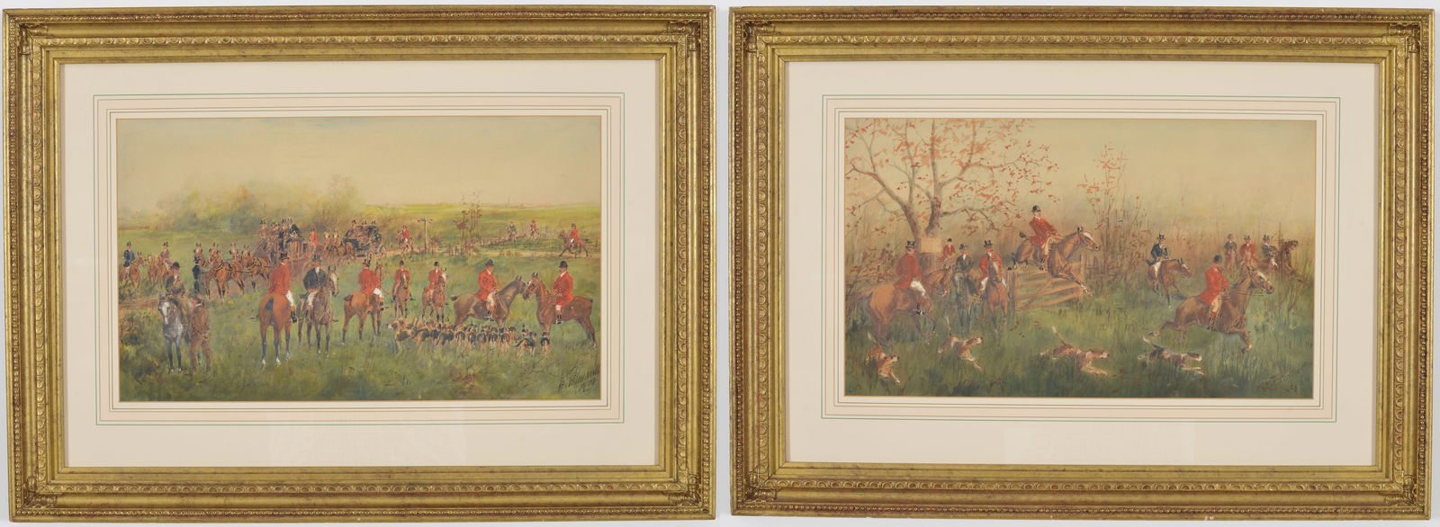 Alfred Villiers Farnsworth. 1904 pair of original mixed media fox hunt paintings. Signed and dated (1 of 9)
