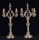 Robert Garrard II. Impressive pair of Victorian sterling silver 4-arm candelabra. Ornate figural