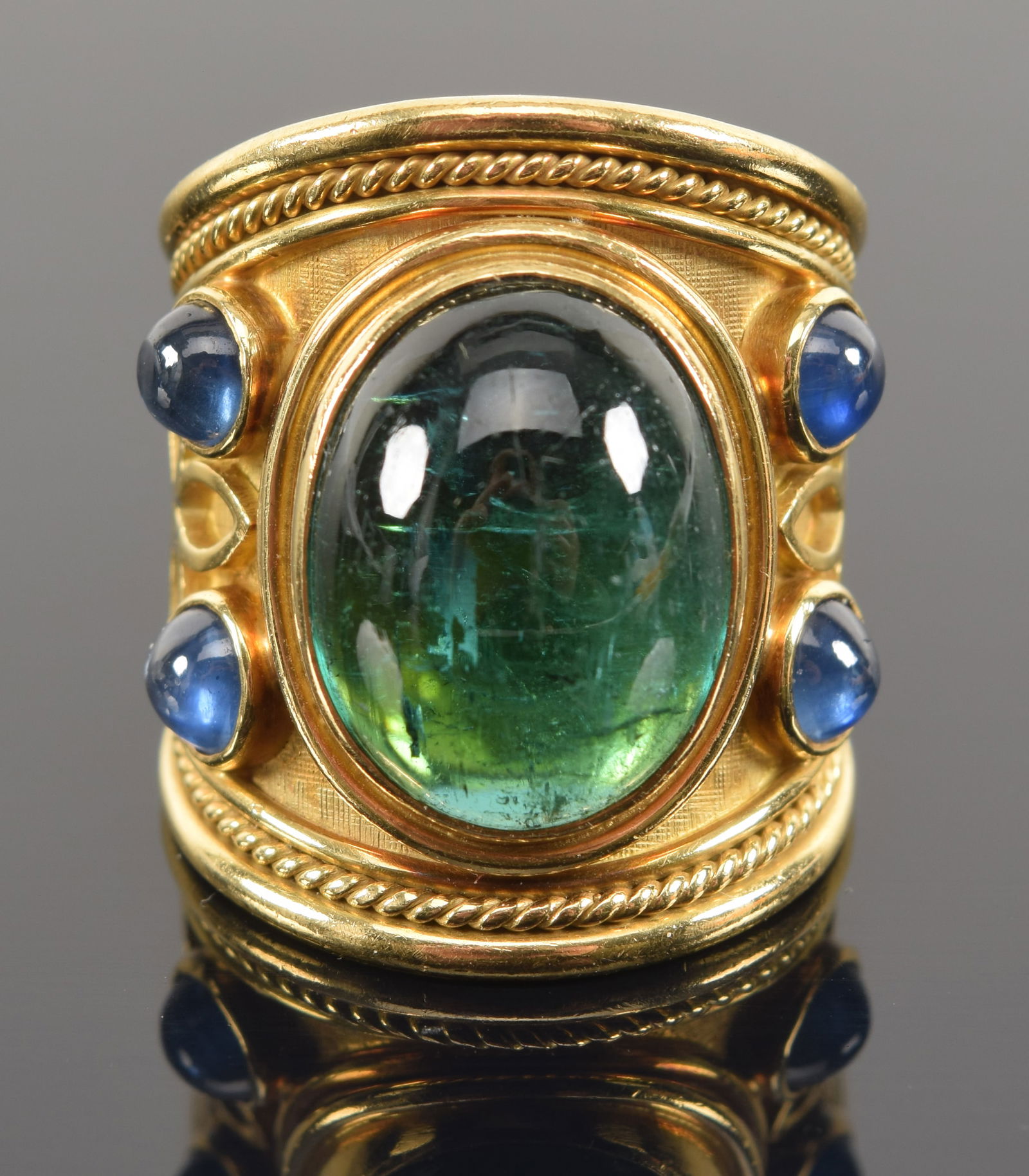 Elizabeth Gage 18K gold green tourmaline and sapphire mounted fine Renaissance design ring with (1 of 10)