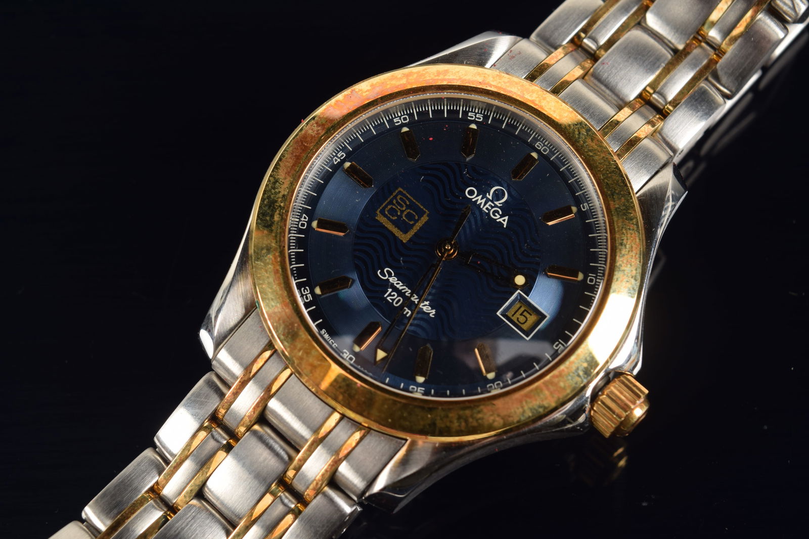 Omega Seamaster 120m stainless steel and 18K gold wristwatch. Navy blue dial with gold SCC custom (1 of 9)