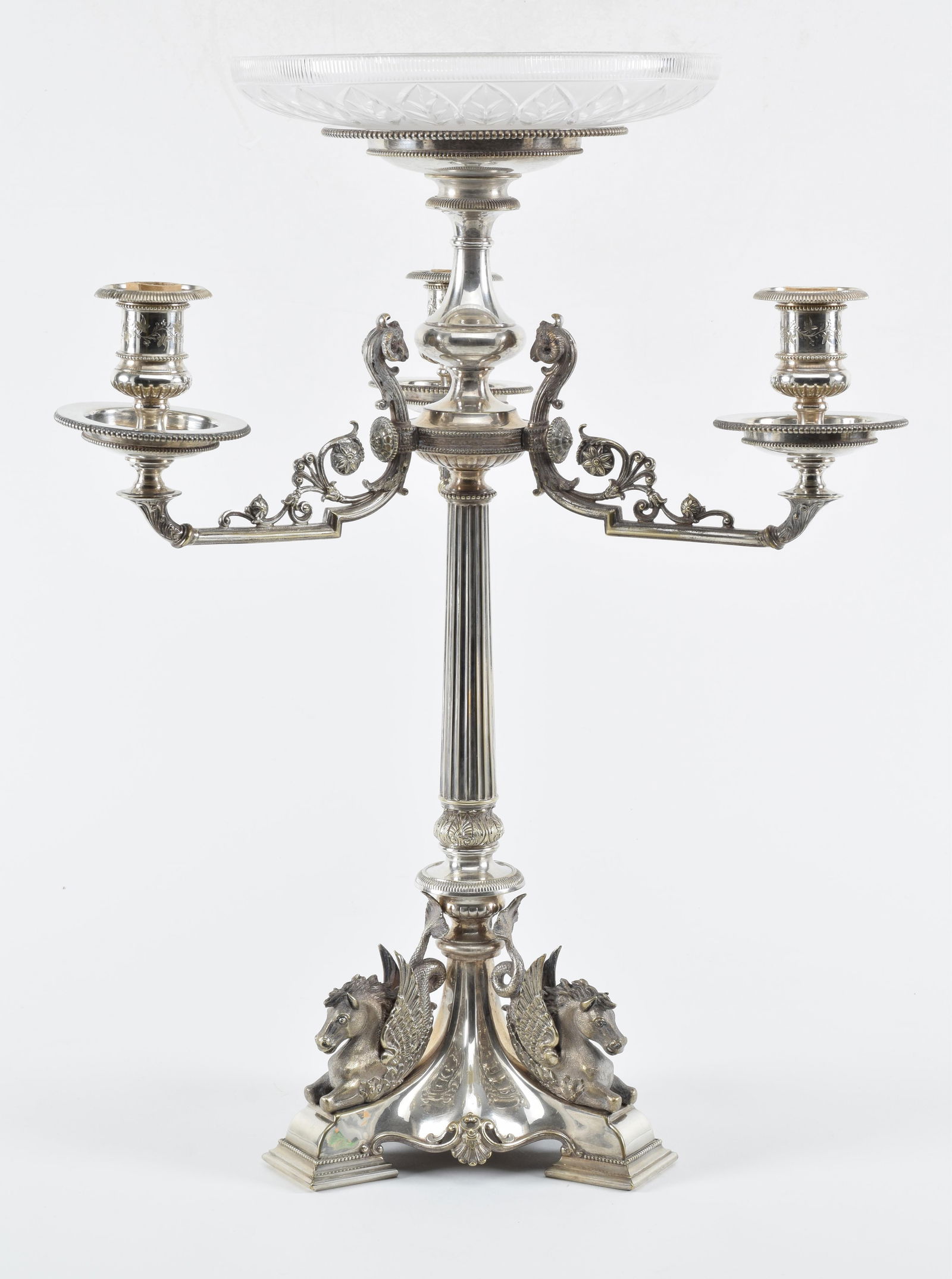 Early 20th century figural silver plated 3-arm centerpiece candelabra. Tripod base set with mythical (1 of 9)