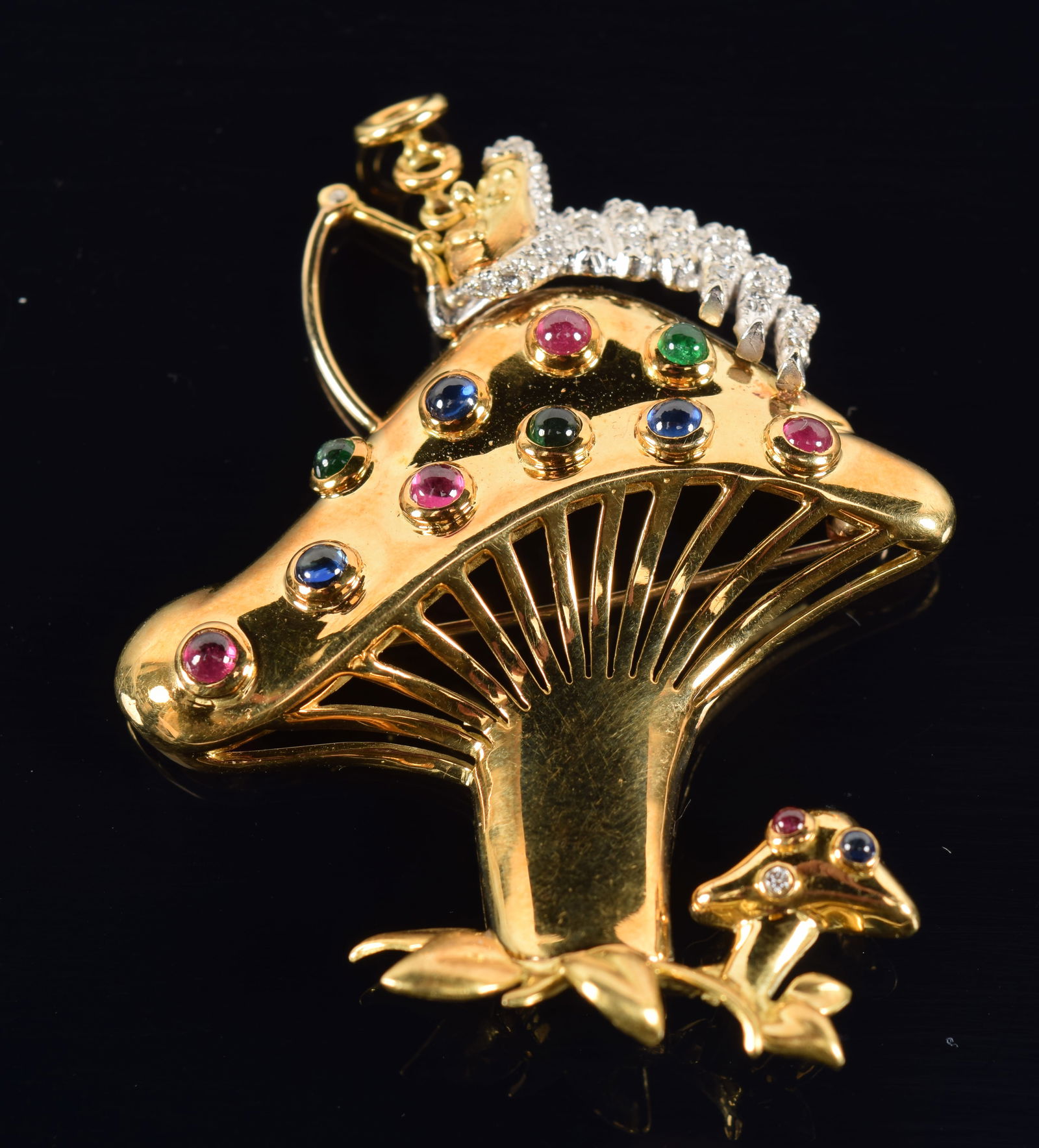 Walt Disney 18K gold heavy ruby, sapphire, emerald, and diamond mounted pin/pendant. Figural pin (1 of 5)