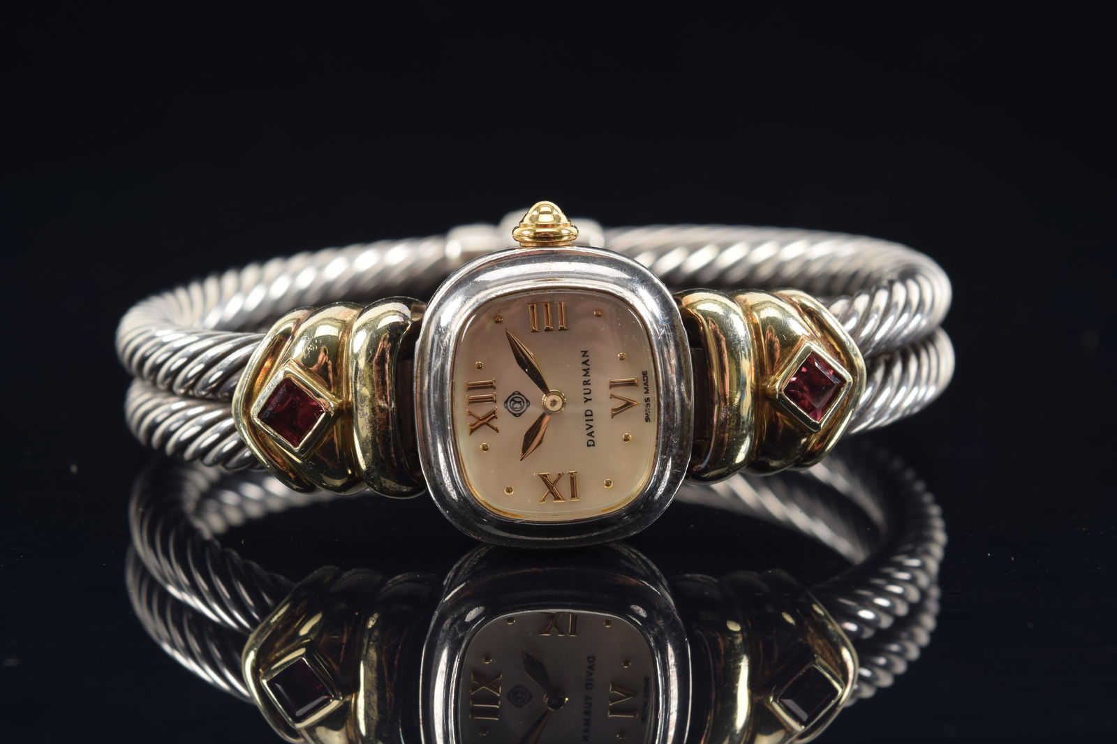 David Yurman sterling silver and 14K gold double cable band wristwatch. Swiss made movement. Garnet (1 of 4)