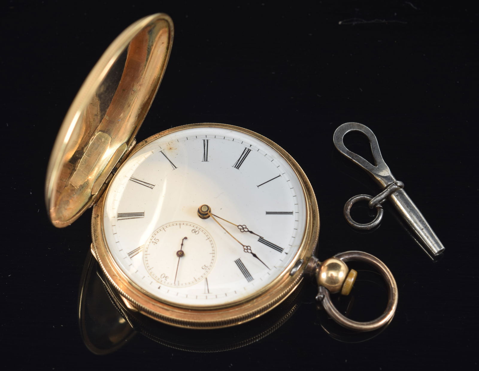 14K gold M. Lebrun & Co. hunters case pocket watch. Patent lever. Full jewel model. Unmarked. Tests (1 of 7)