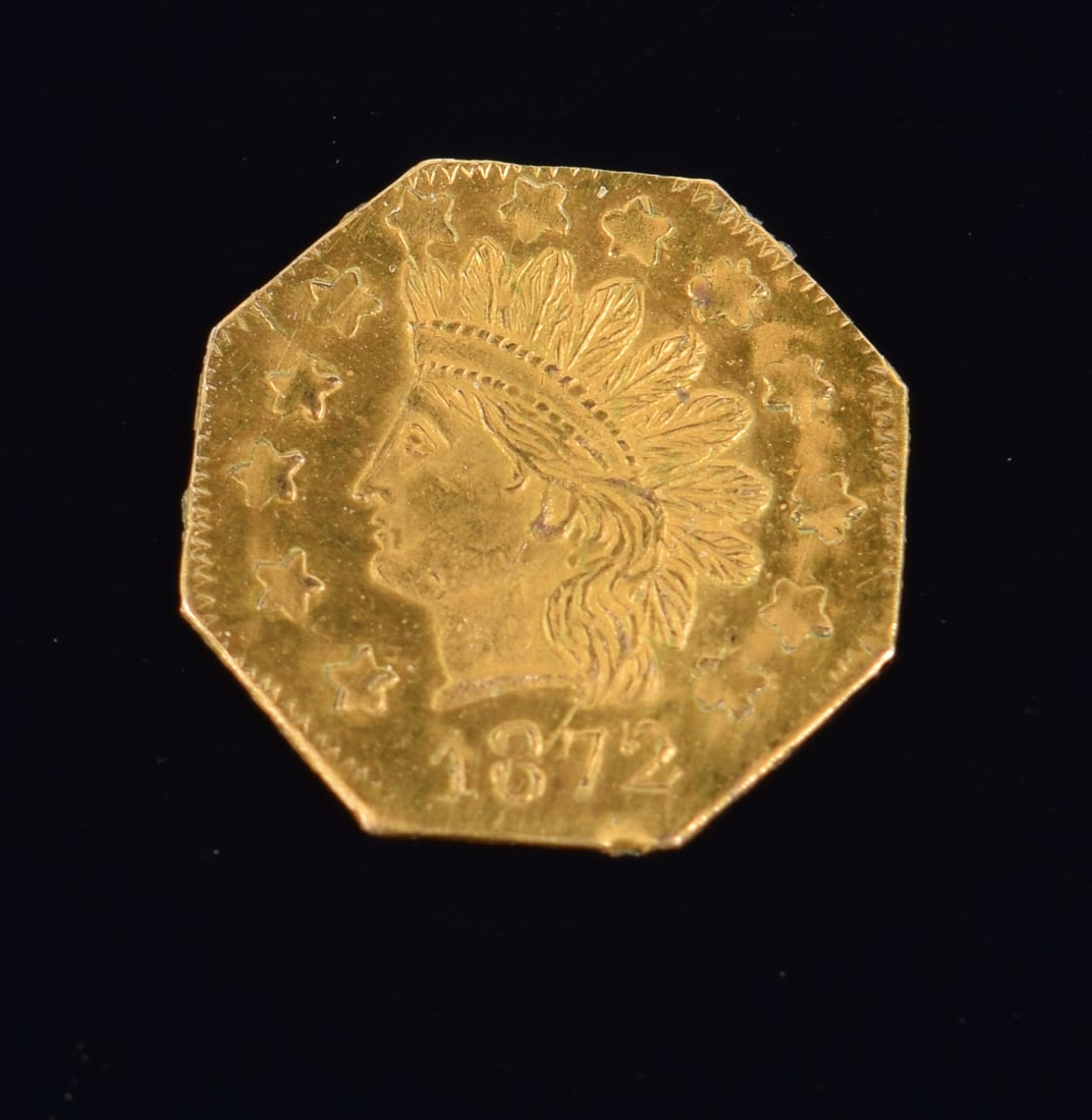 1872 1/2 dollar fractional US gold coin. Octagonal shape California coin. Appears to be in near mint (1 of 2)