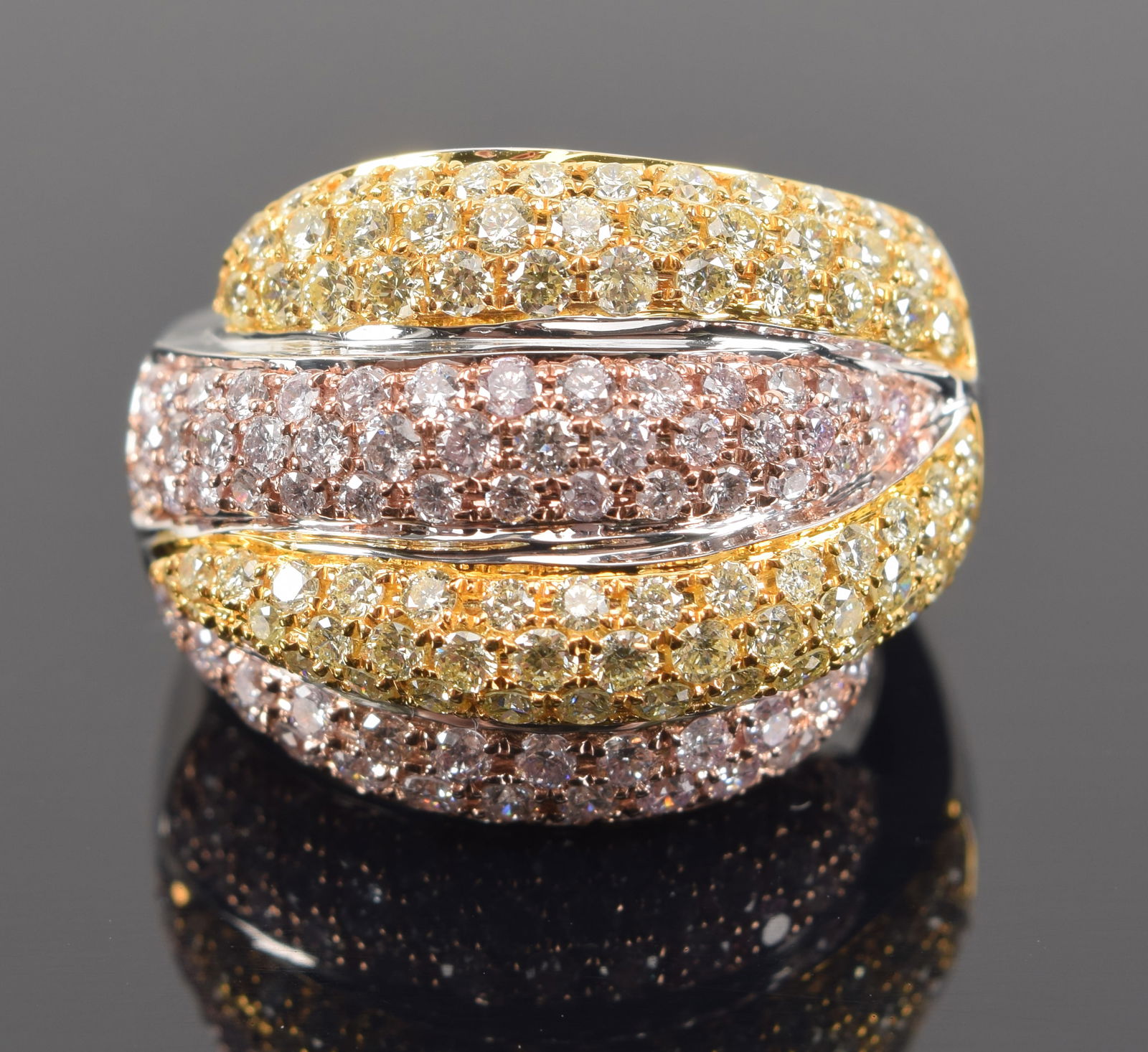 18K tri color gold diamond mounted ring. Heavy setting with 2 alternating bands of diamonds set (1 of 6)