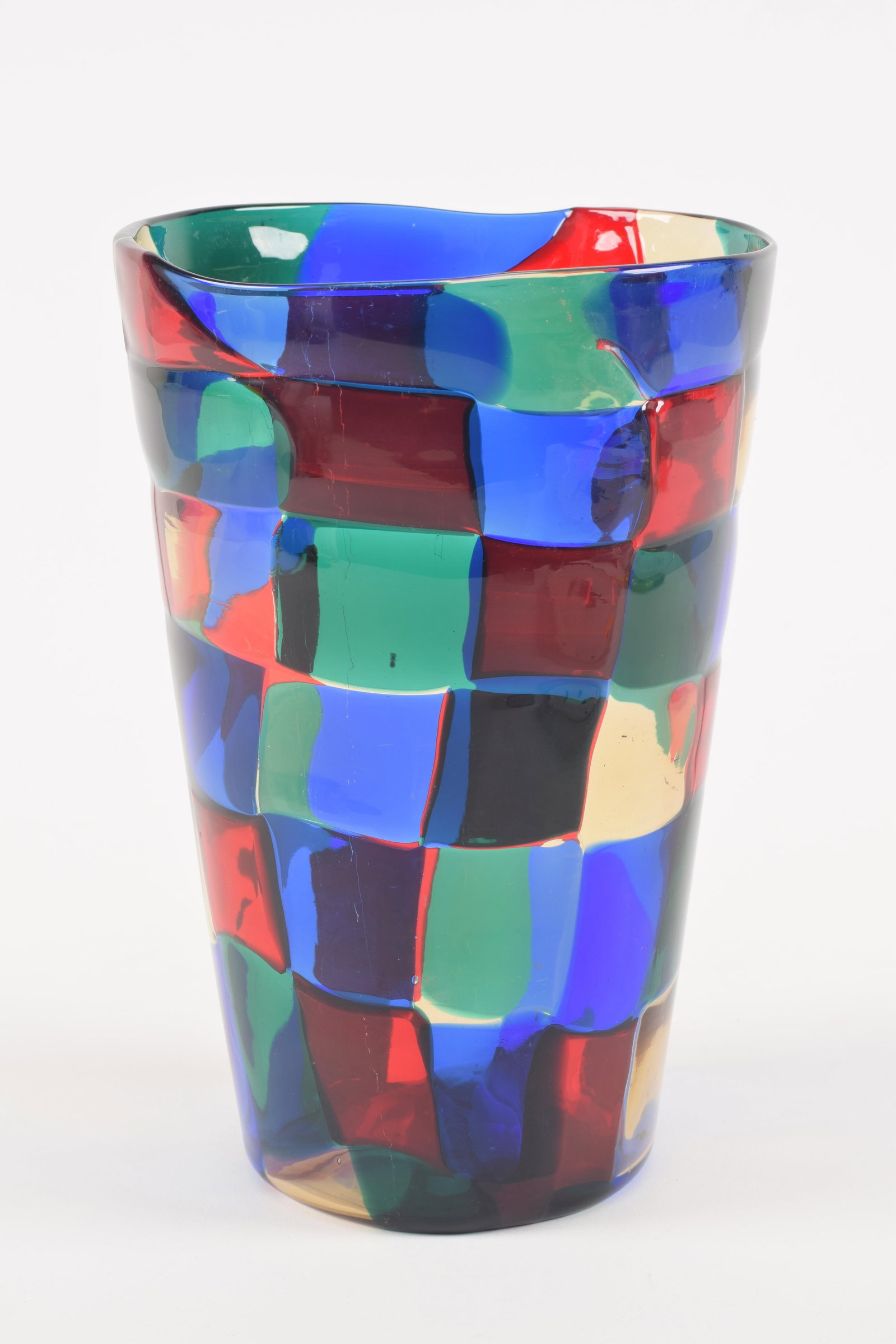 Fulvio Bianconi Pezzato art glass vase for Venini Murano. Red, green, blue, and clear glass square (1 of 7)