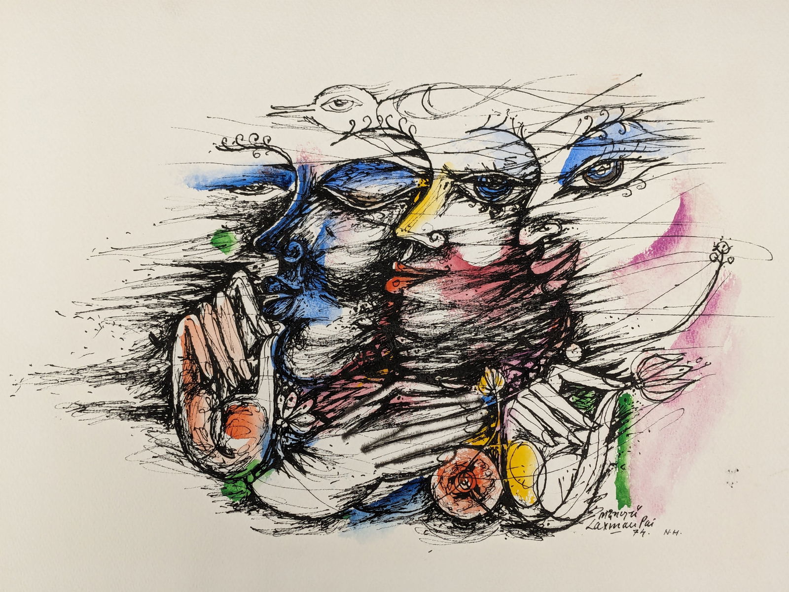 Laxman Pai. India/France. 1974. Watercolor and ink painting of women's faces and hands with birds (1 of 3)