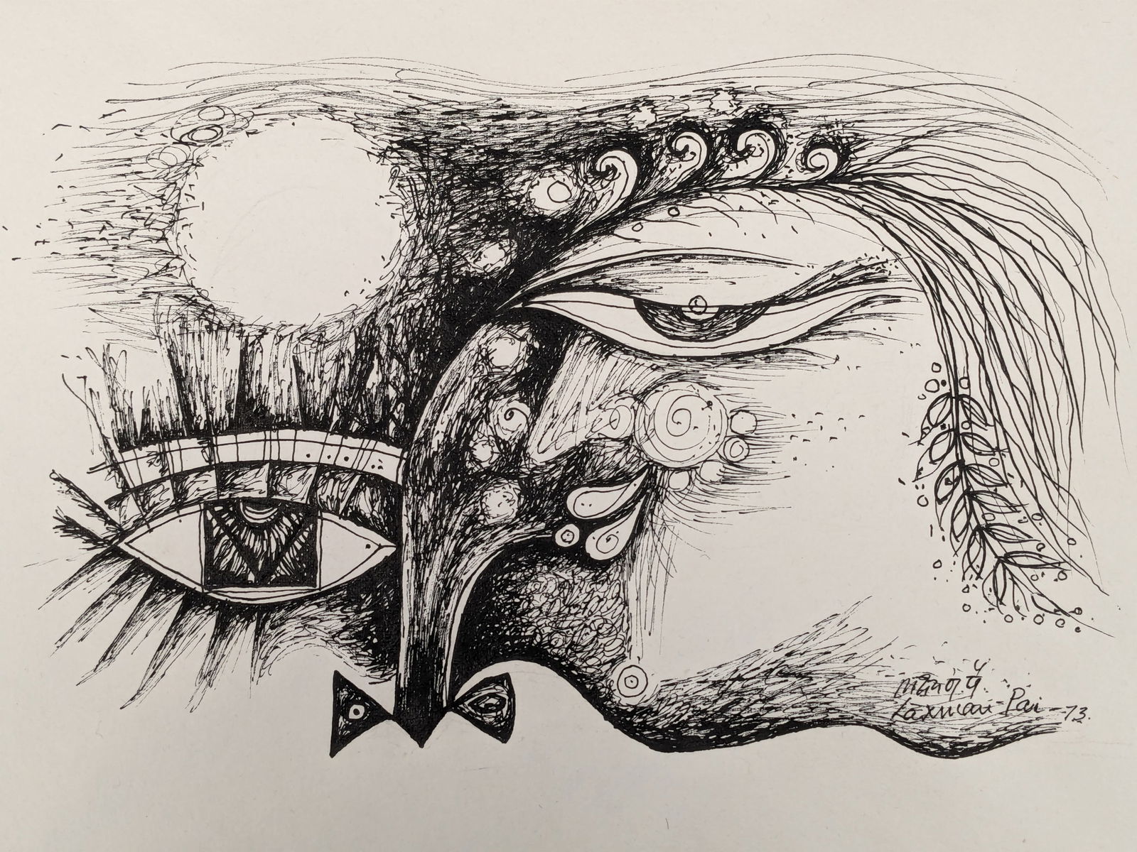 Laxman Pai. India/France. 1973. Surrealist figural ink drawing with floral elements. Signed and (1 of 3)