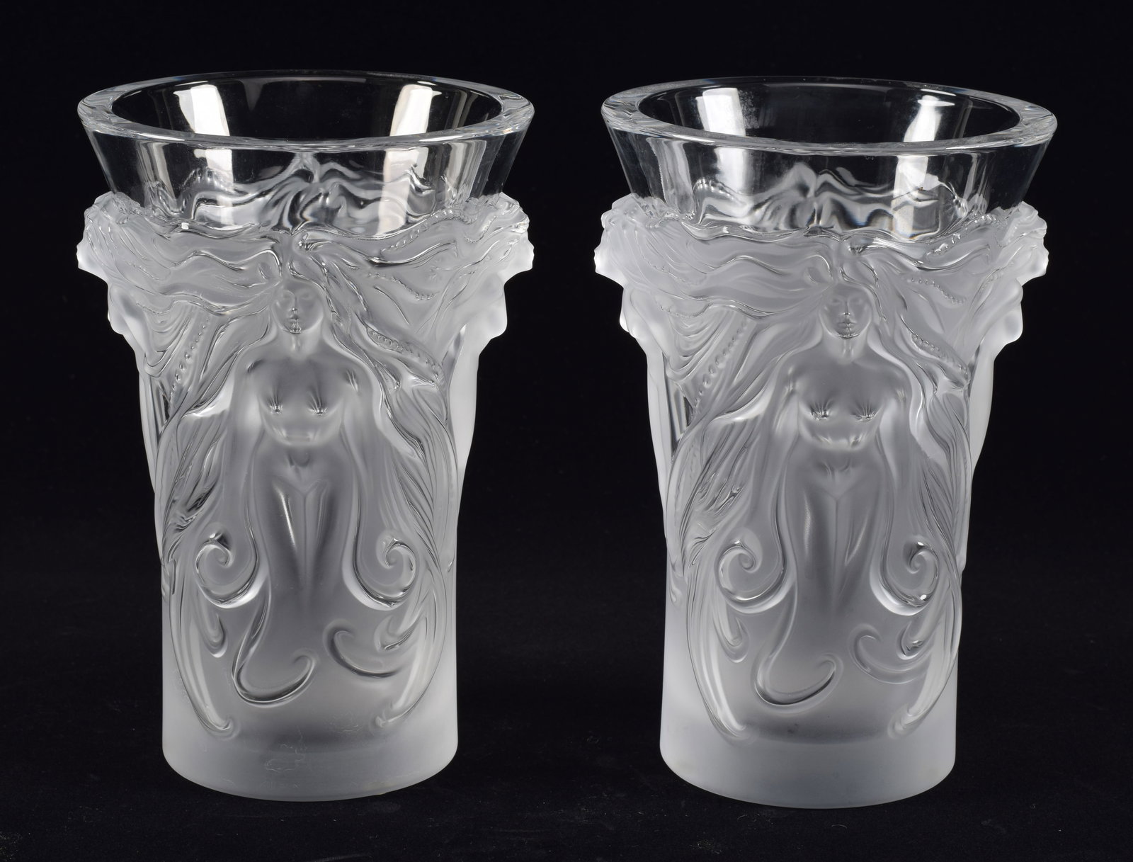 Pair of Lalique "Fantasia" frosted crystal vases. Marked Lalique France on base. 7in high. (1 of 6)
