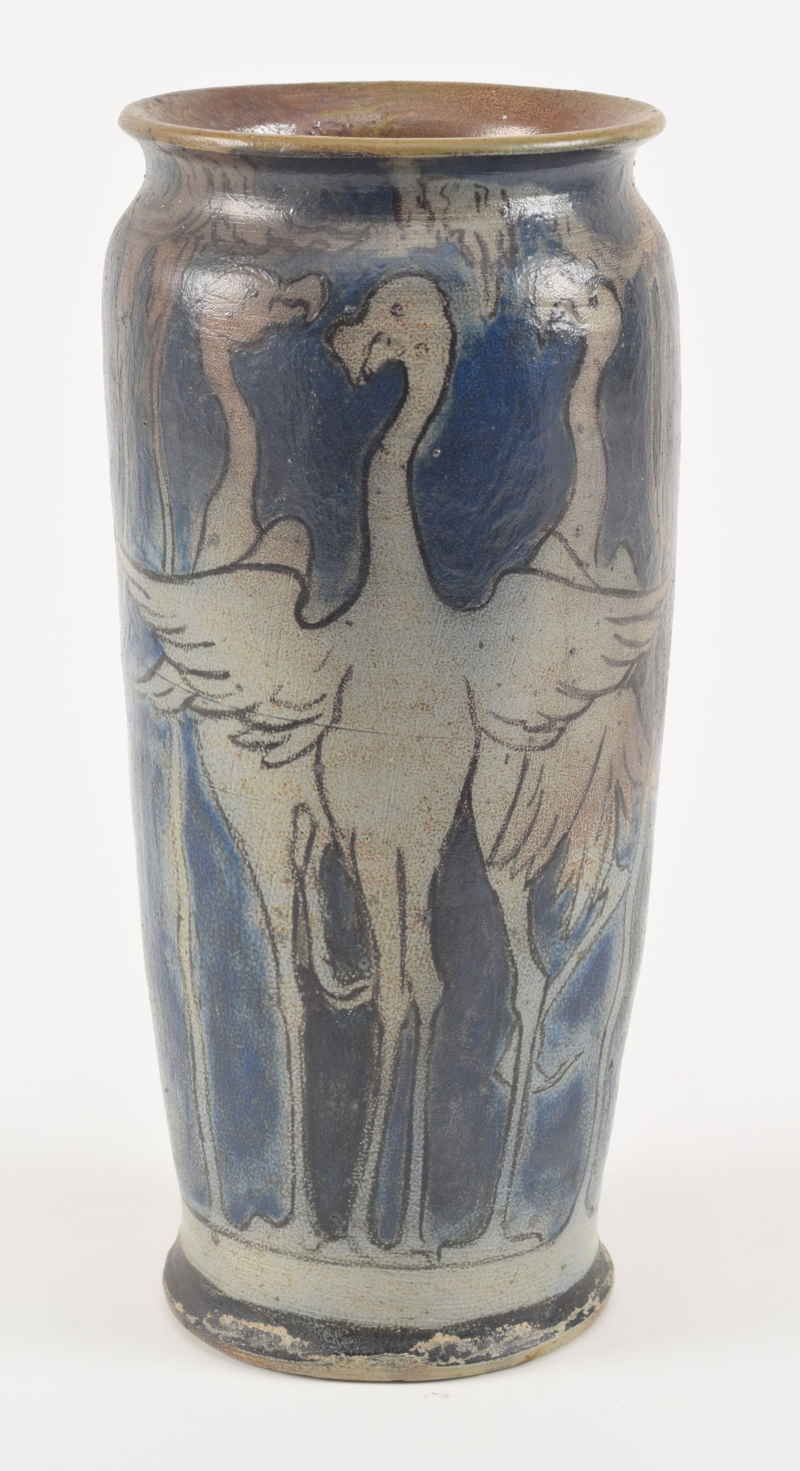 Russell Crook. Arts & Crafts salt glazed stoneware vase with cobalt decorations. Standing cranes. (1 of 8)